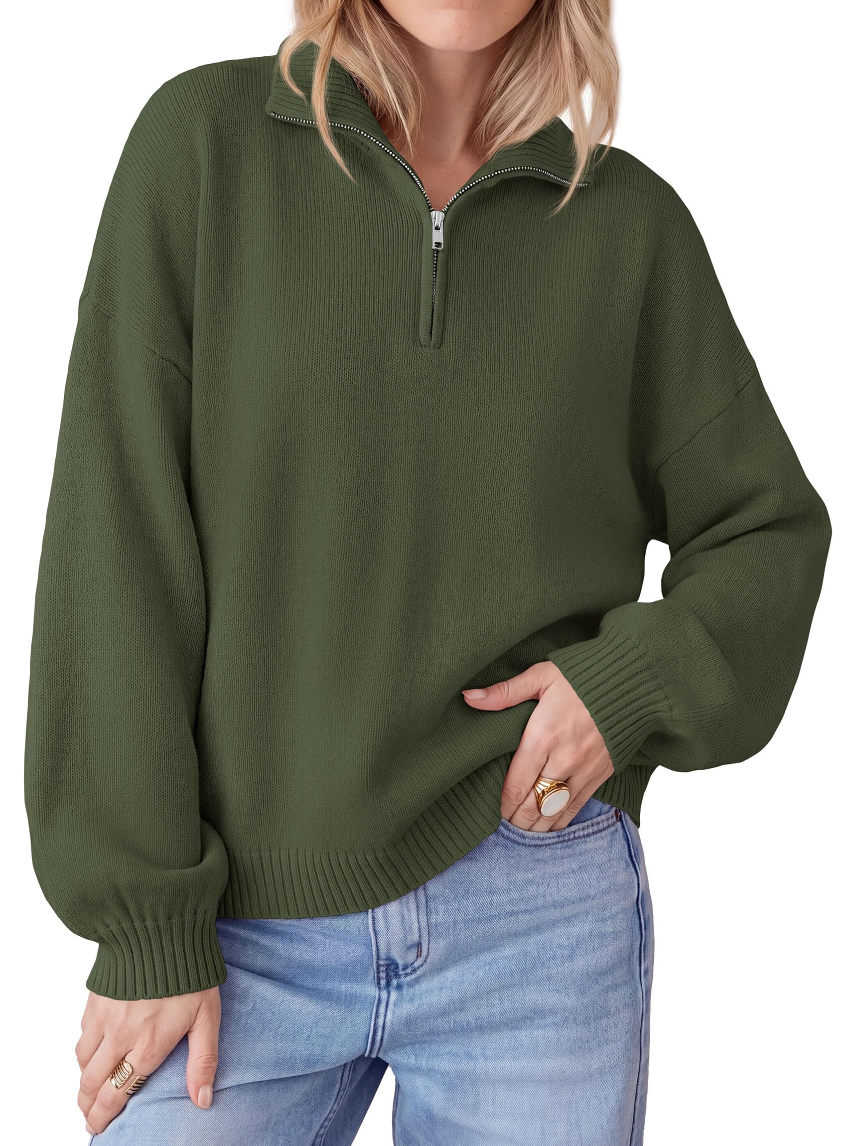 PRETTYGARDEN Women's Quarter Zip Pullover Oversized Sweaters Collared Neck, Long Balloon Sleeve, Jumper Tops, Soft Cozy Knit, Ribbed Hem, Loose Fit, Fall Outfits, Winter Fashion Clothing