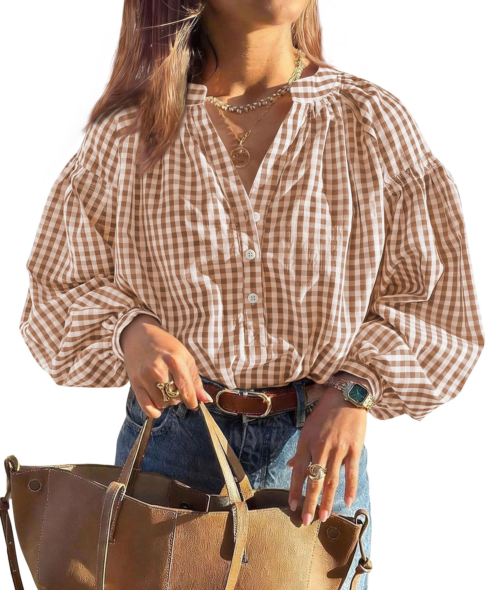 PRETTYGARDEN Women Fall Plaid Long Puff Sleeve Shirts V Neck Casual Blouses Gingham Button Down Oversized, Pleated Drop Shoulder Cotton Tops, Dressy Casual, Work Vacation Travel, Fall Outfits Trendy