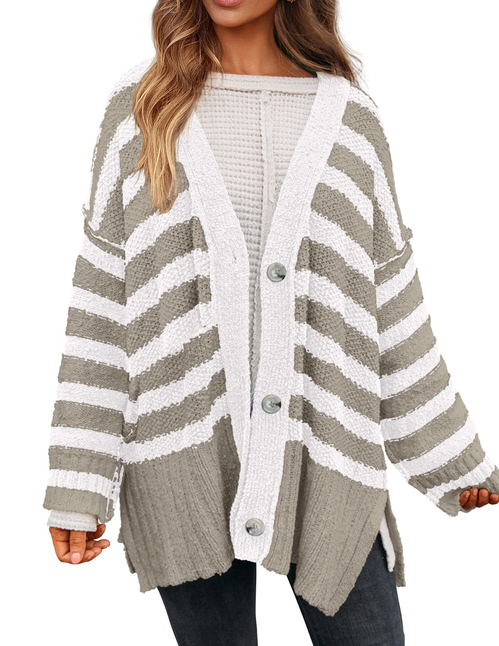 PRETTYGARDEN Women's Winter Striped Cardigan Sweaters Long Sleeve Button Down Open Front Chunky Knit Oversized Sweater Coat