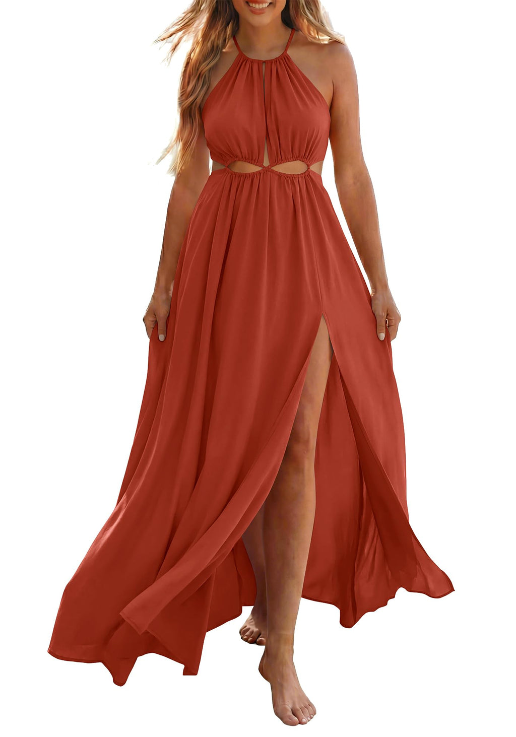 BTFBM Women Halter Summer Dresses Sleeveless Cutout Backless Sundress Slit Boho Maxi Beach Wedding Guest Dress
