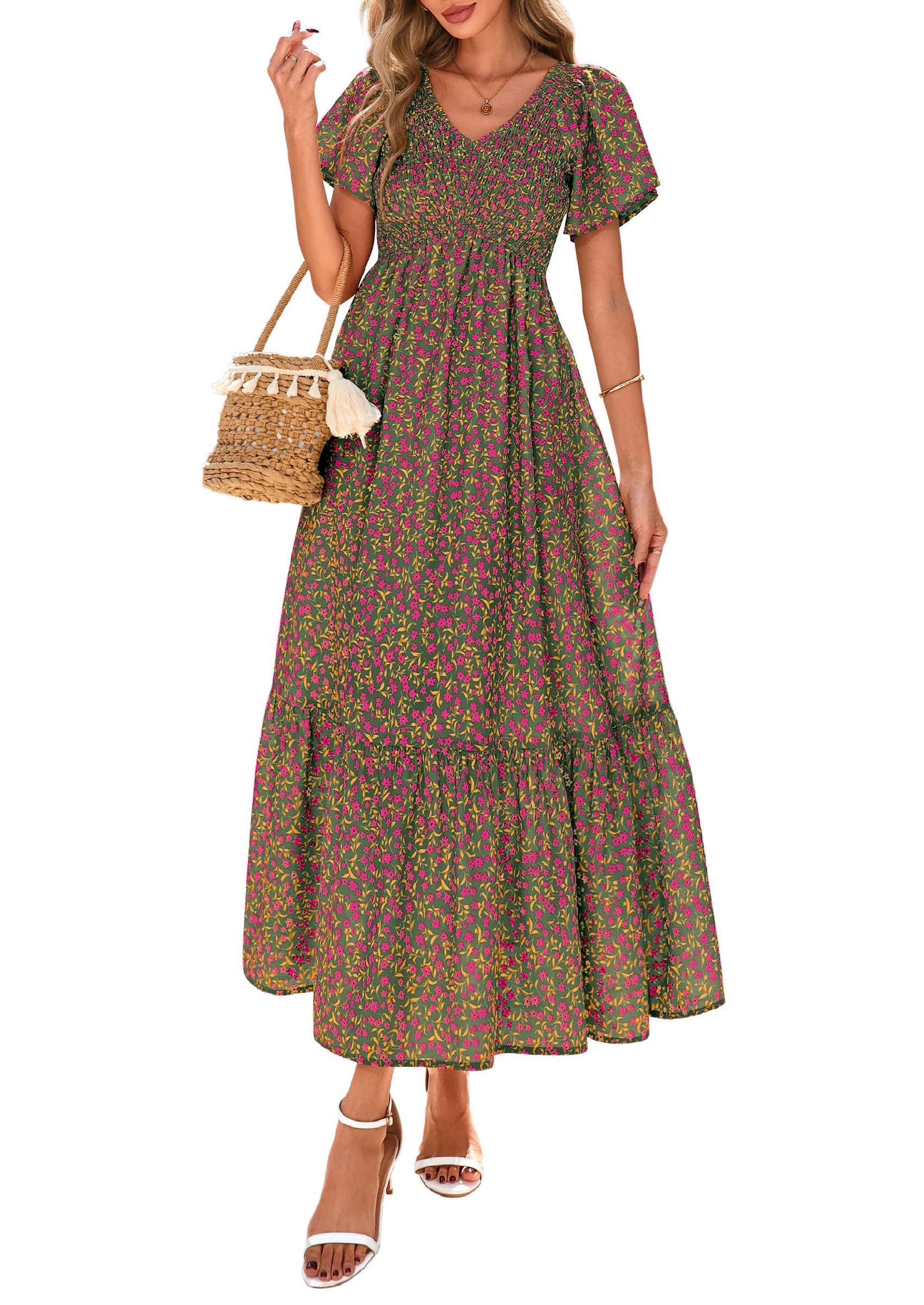 PRETTYGARDEN Boho Dresses for Women Summer Floral Short Sleeve V Neck Smocked Flowy Beach Vacation Maxi Dress