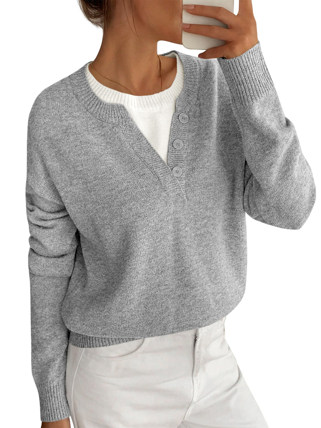 BTFBM Women Long Sleeve Crew Neck Sweaters Tops, 2 in1 Knitted Pullover, Deco Buttons, Oversized, Stretchy, Vacation, Business Casual Outfits, Fall Winter Trendy