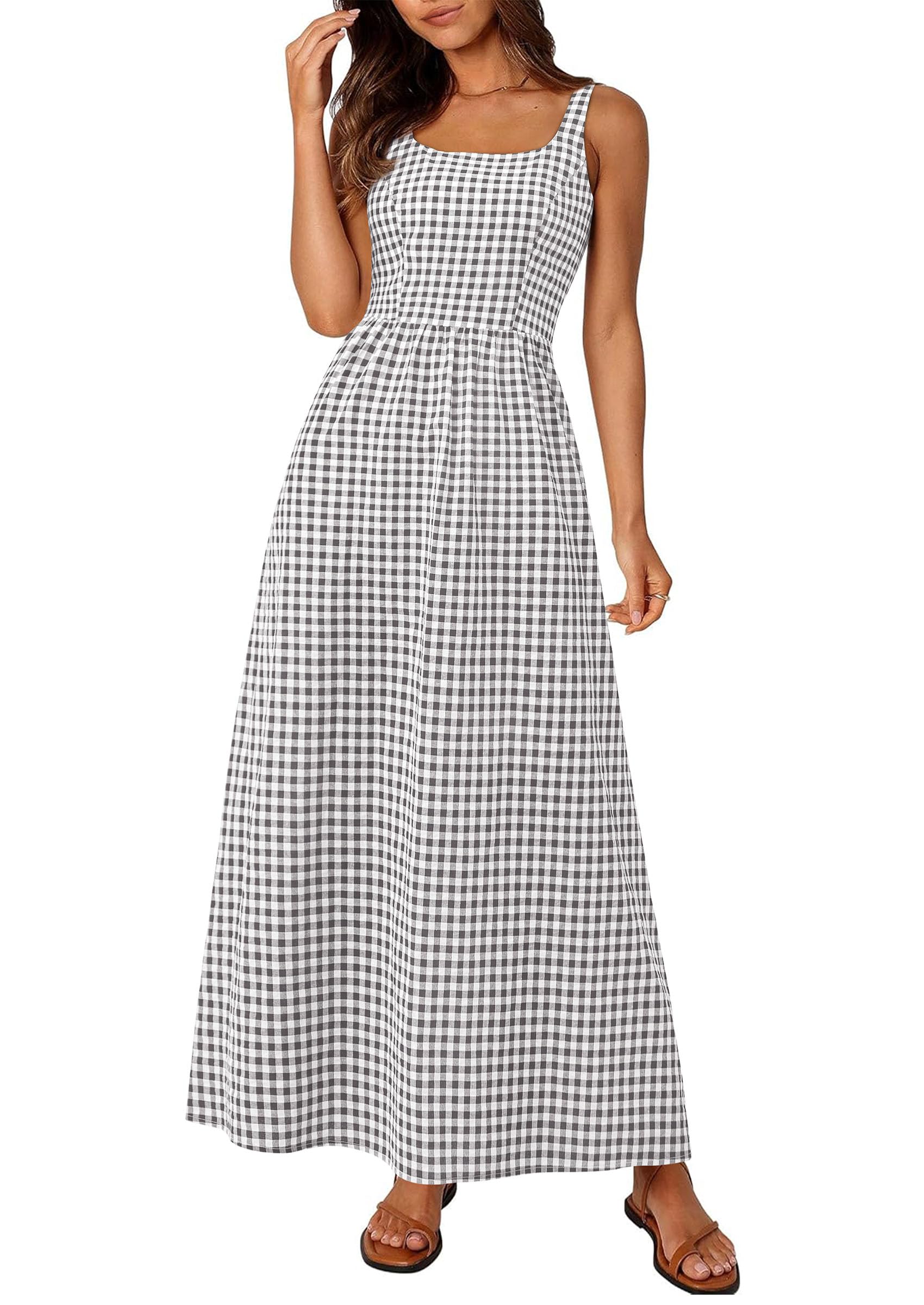 PRETTYGARDEN Women's Summer Spaghetti Strap Maxi Dresses Plaid Square Neck A Line Casual Beach Vacation Long Sundress