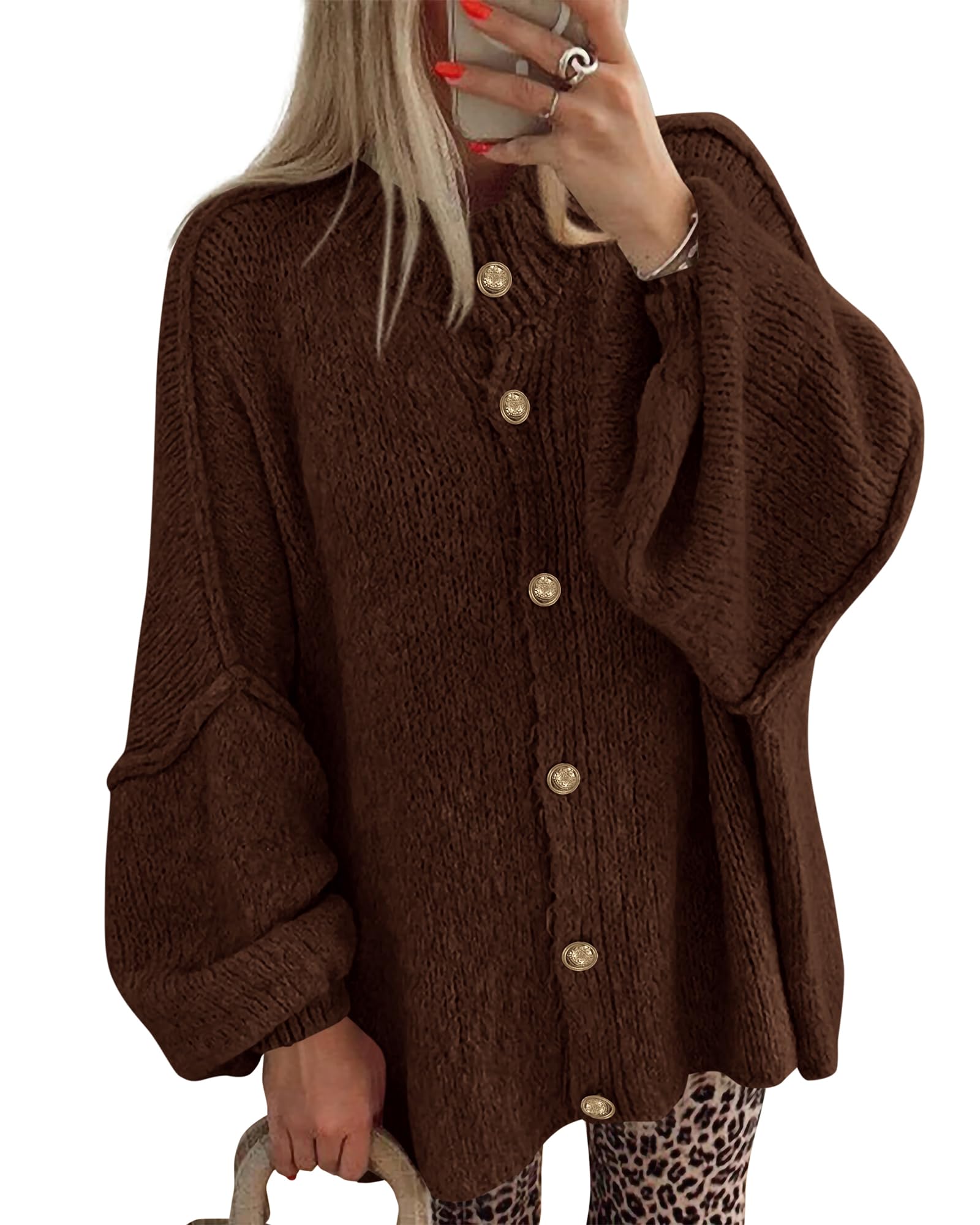 FreshPretty Cardigan Sweaters for Women Fall Clothes Lantern Long Sleeve Button Open Front Chunky Knit Oversized Sweater