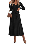 PRETTYGARDEN Womens Fall Maxi Long Sleeve Sweater Dress Soft Stretchy Knit, V Neck A Line Dresses with Bow, Flowy Pleated Hem, Cocktail Party Outfits, Trendy Winter Clothes