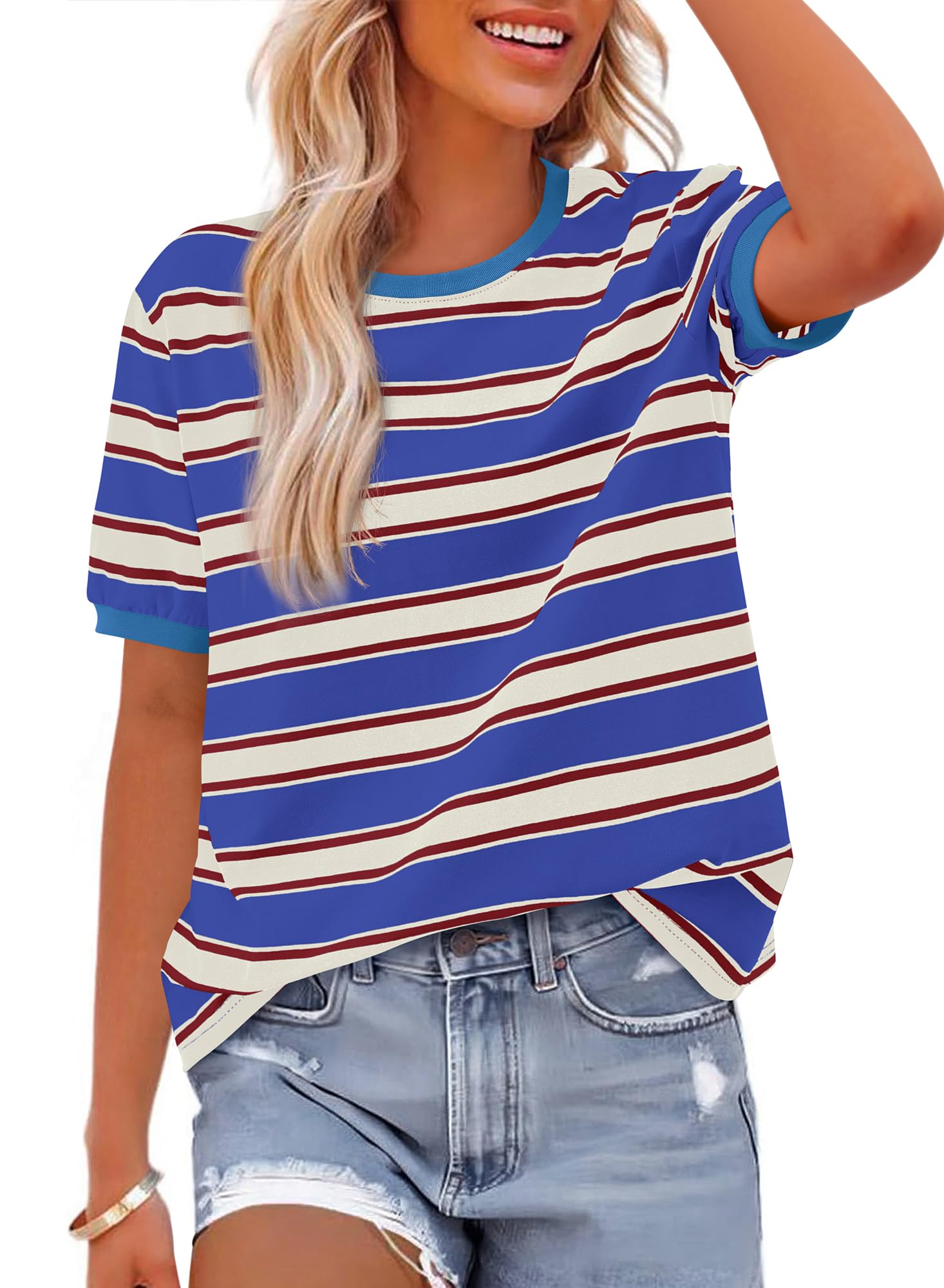 BTFBM Summer Tops for Women Crewneck Short Sleeve Striped T Shirts Casual Spring Clothes Color Block Basic Tee Blouses