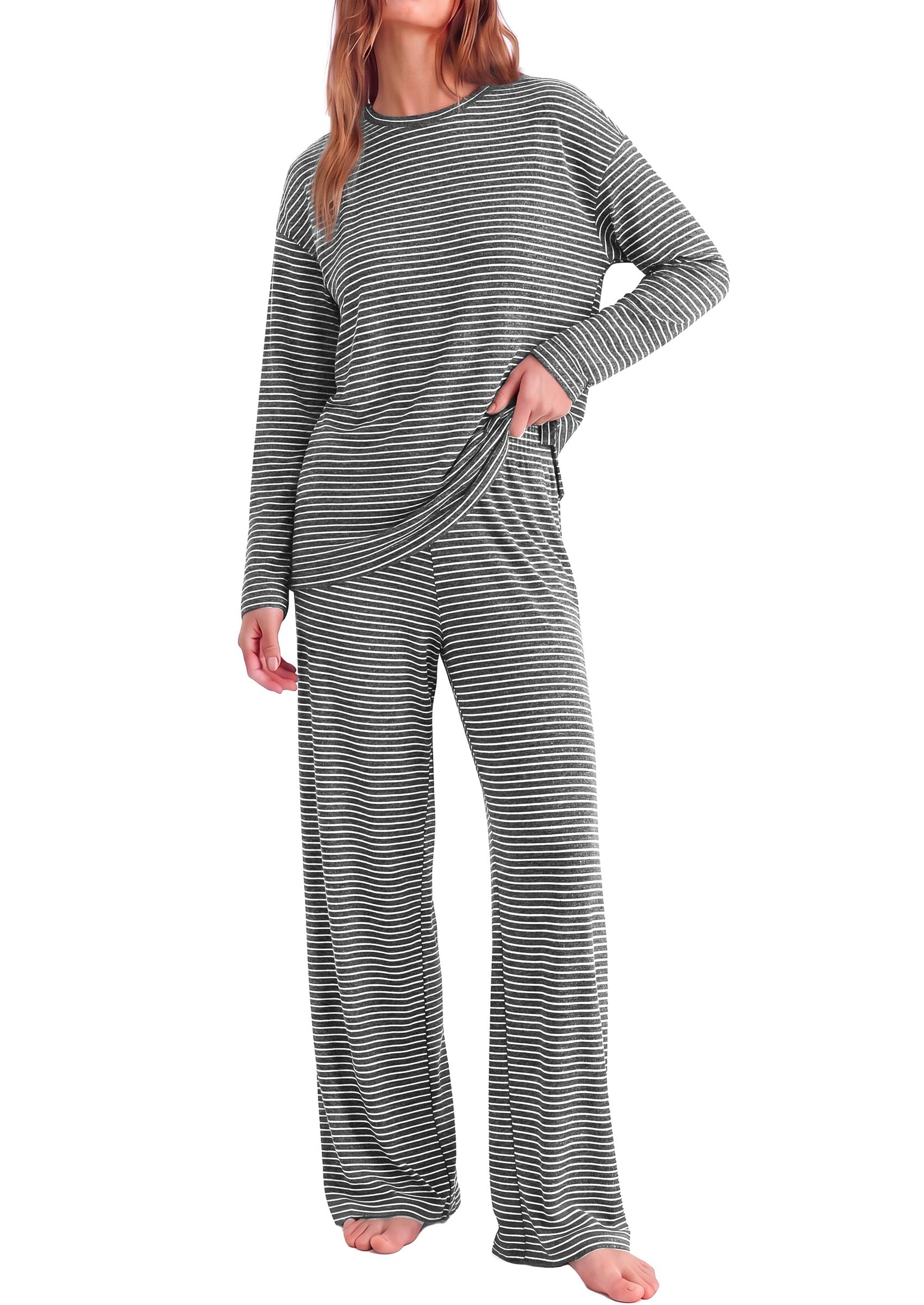 PRETTYGARDEN Womens Striped Lounge Set Fall Winter 2 Piece Sets Side Slit Long Sleeve T-Shirts & Wide Leg Pants, Matching Pajama Sets, Comfy Pj Set, Loungewear with Pockets, Fashion Clothes