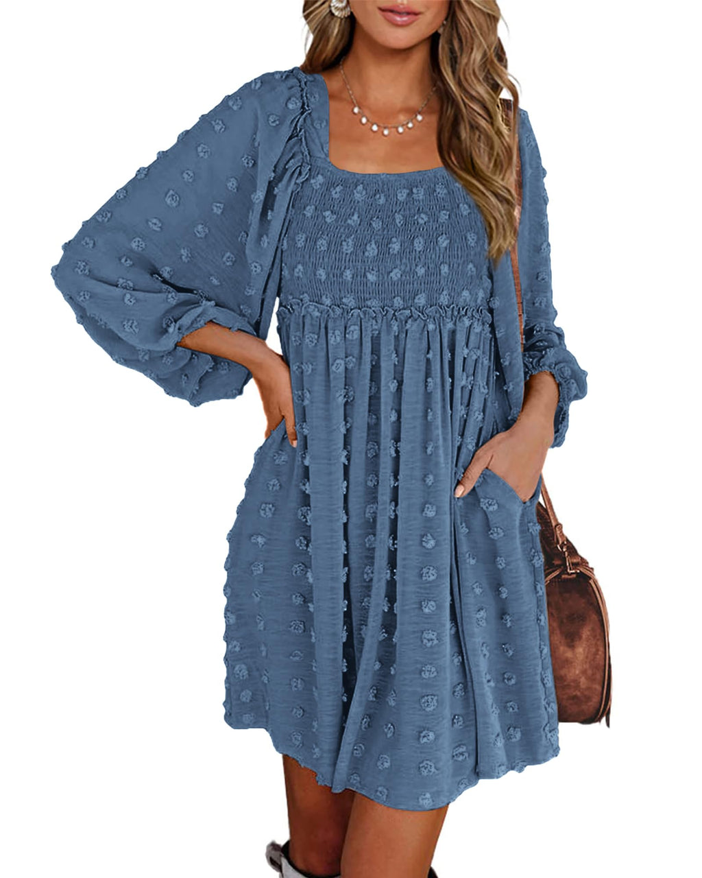 BTFBM Womens Long Sleeve Dress Summer Vacation Square Neck Smocked Floral Mini Boho Spring Wedding Guest Dresses