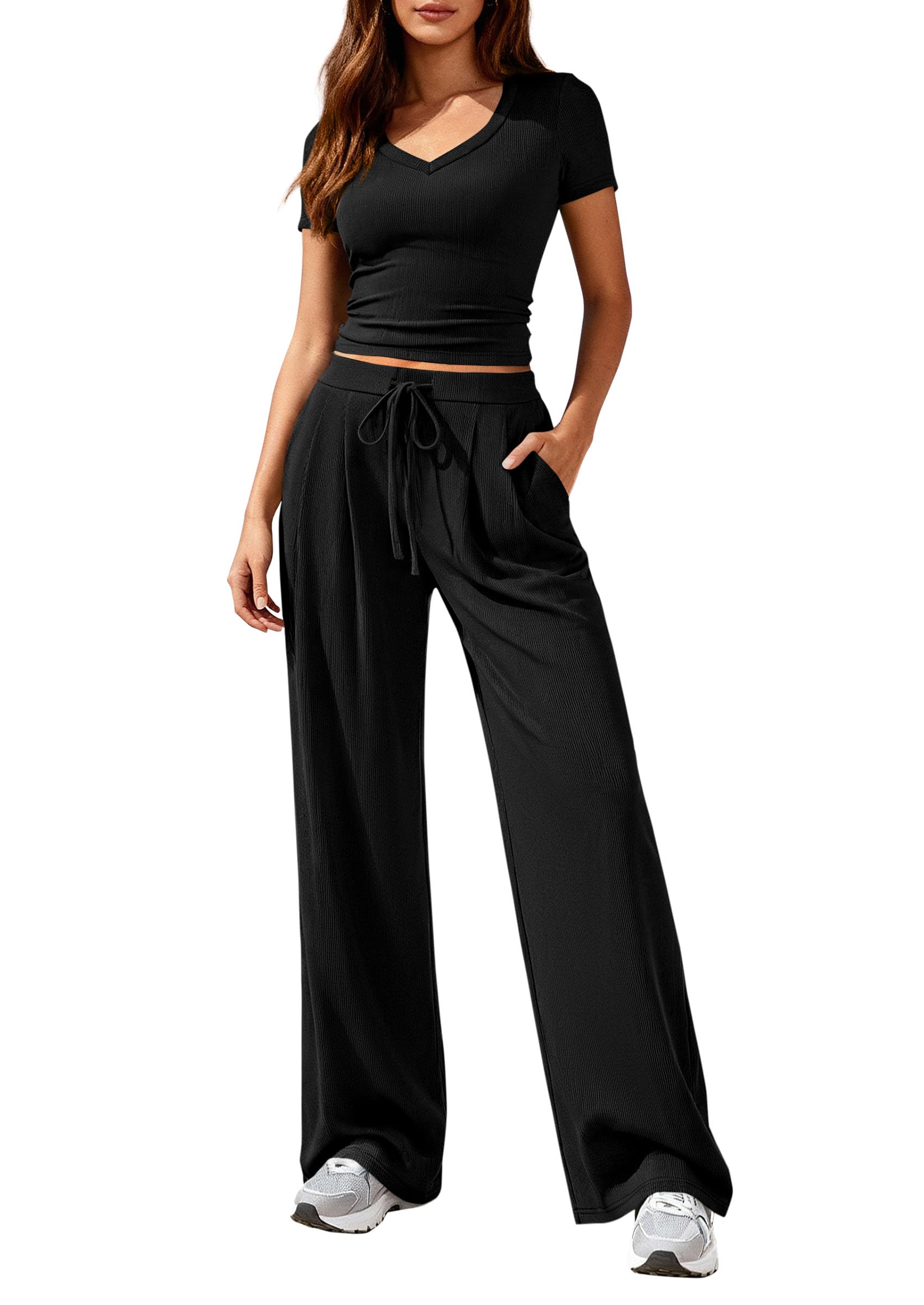 PRETTYGARDEN 2 Piece Sets for Women Summer Spring Lounge Set Matching V Neck Tops Wide Leg Pants Airport Travel Outfits