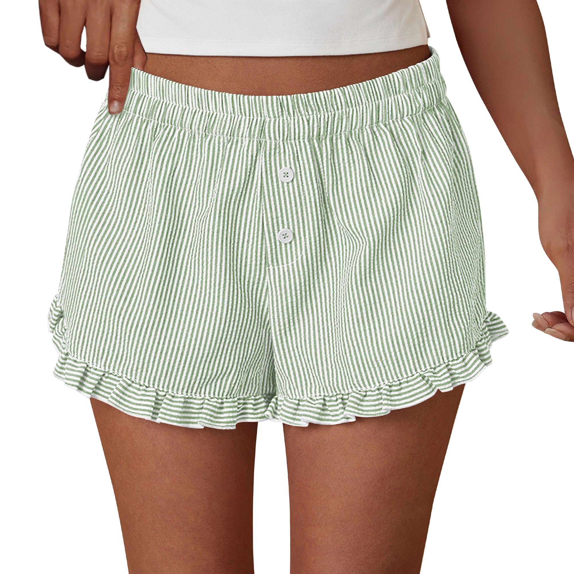 PRETTYGARDEN Womens Boxer Shorts Y2K Ruffle Pajama Summer Spring Lounge Sleep Striped Casual Beach Pj Bottoms Pockets