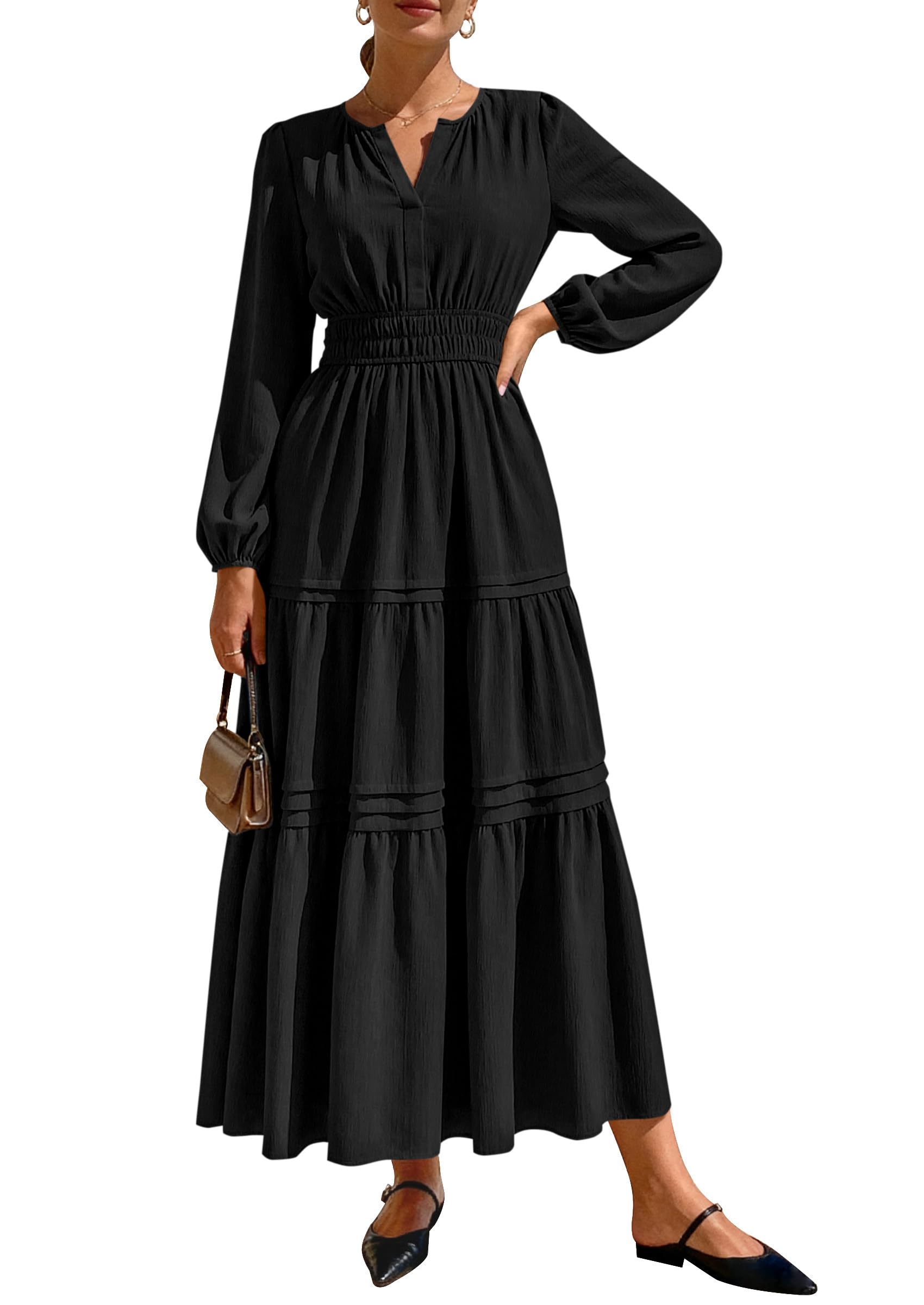 PRETTYGARDEN Women's Elegant Maxi Dresses Long Sleeve V Neck Flowy Pockets Casual Modest Dress Fall Fashion Clothes