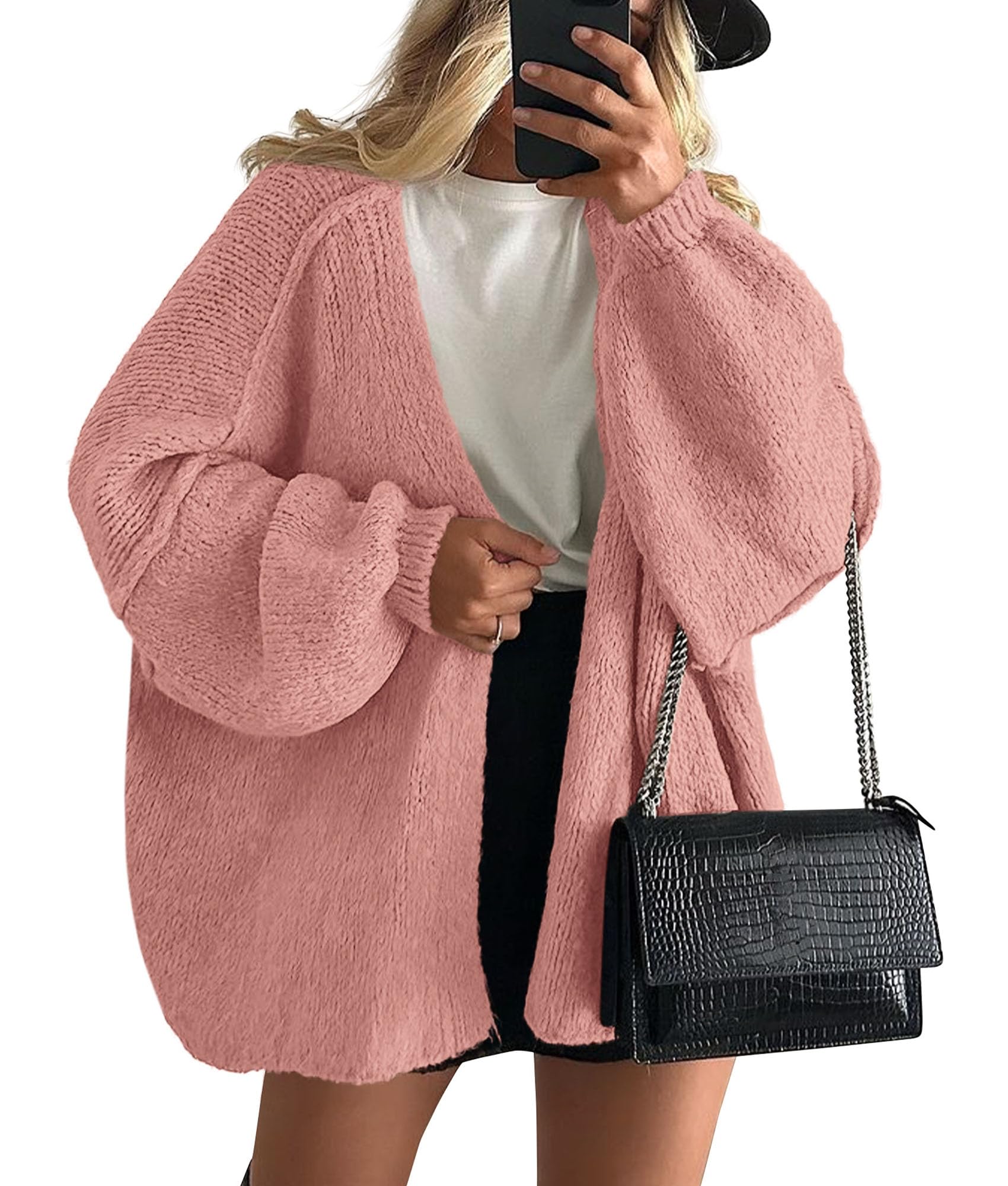 PRETTYGARDEN Womens Oversized Cardigan Sweaters Fall Long Lantern Sleeve Knit Open Front Lightweight Sweater