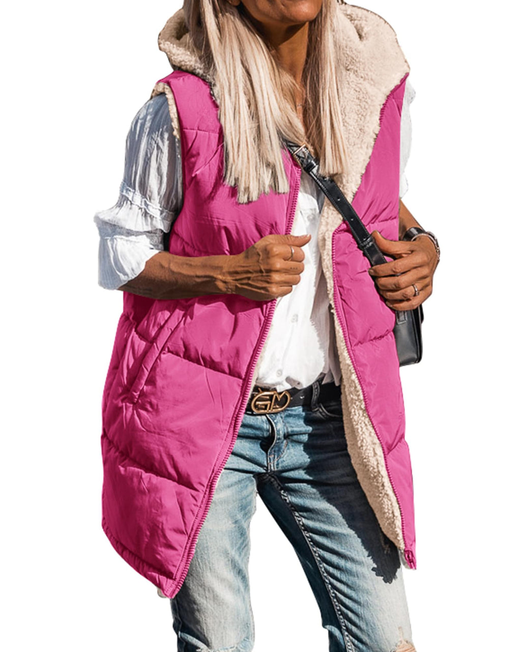 BTFBM Long Puffer Vest Women Fleece Sherpa Jacket Sleeveless Hooded Reversible Zip Up Winter Coat Fall Vests Outerwear