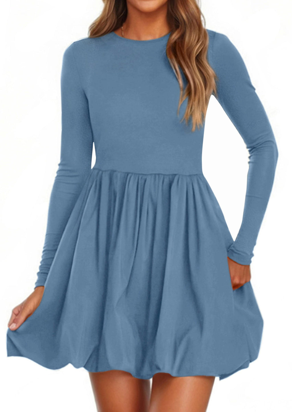 PRETTYGARDEN Fall Dresses for Women Casual Long Sleeve Bubble Cute Crew Neck A Line Mini Short Dress with Pockets