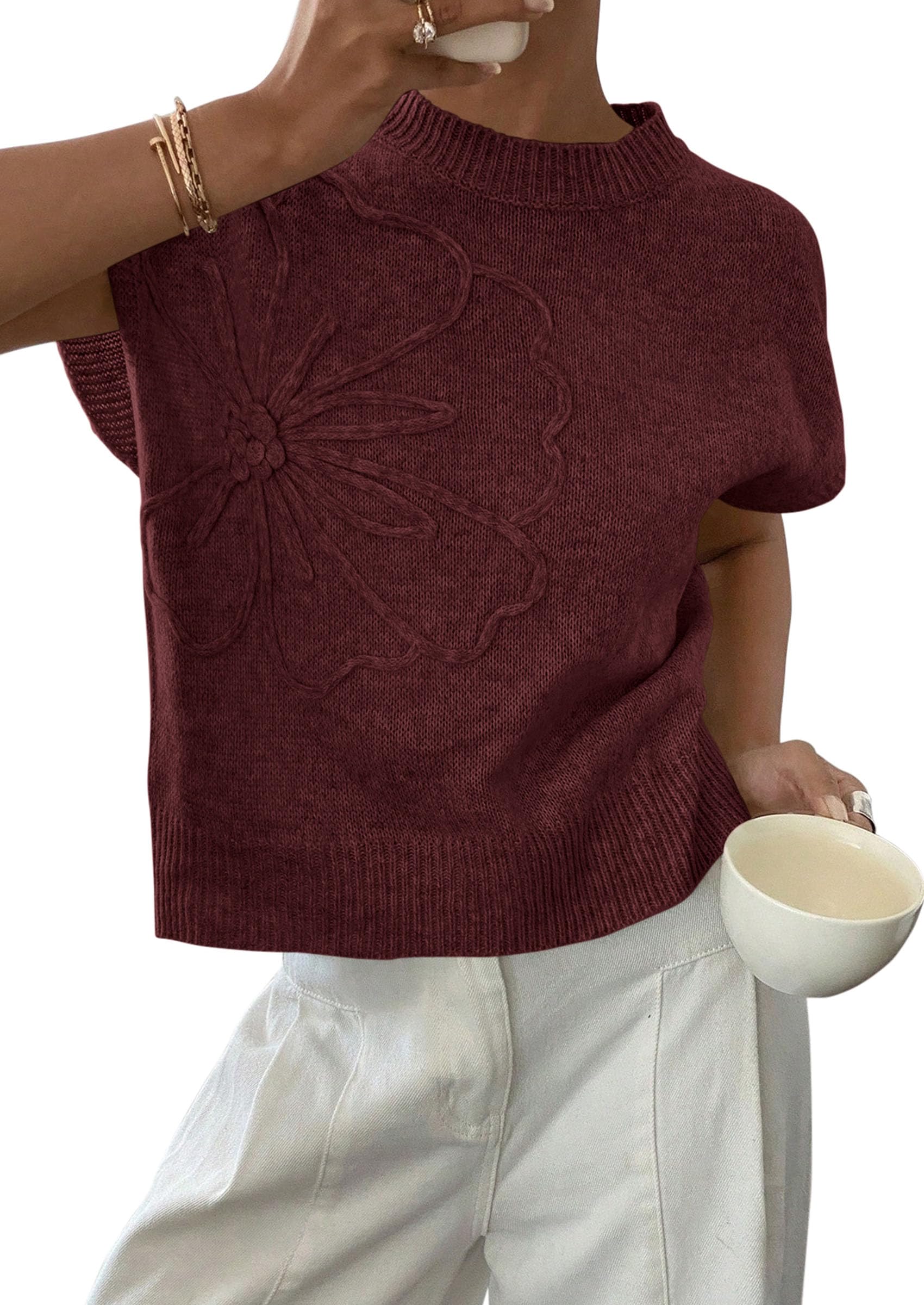 PRETTYGARDEN Women's Spring Sweater Vest Trendy Flower Knit Short Sleeve Cute Pullover Tank Tops Summer Fashion Clothing