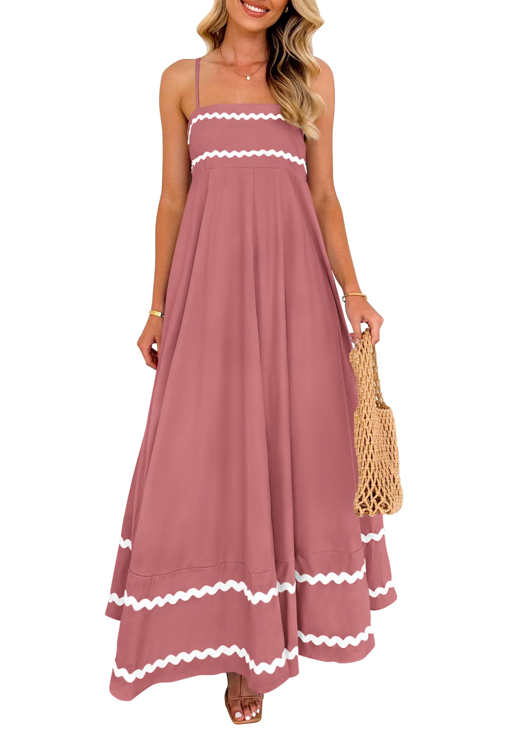 PRETTYGARDEN Women's Summer Flowy Maxi Dress Casual Sleeveless Spaghetti Strap Ruffle Beach Long Dresses