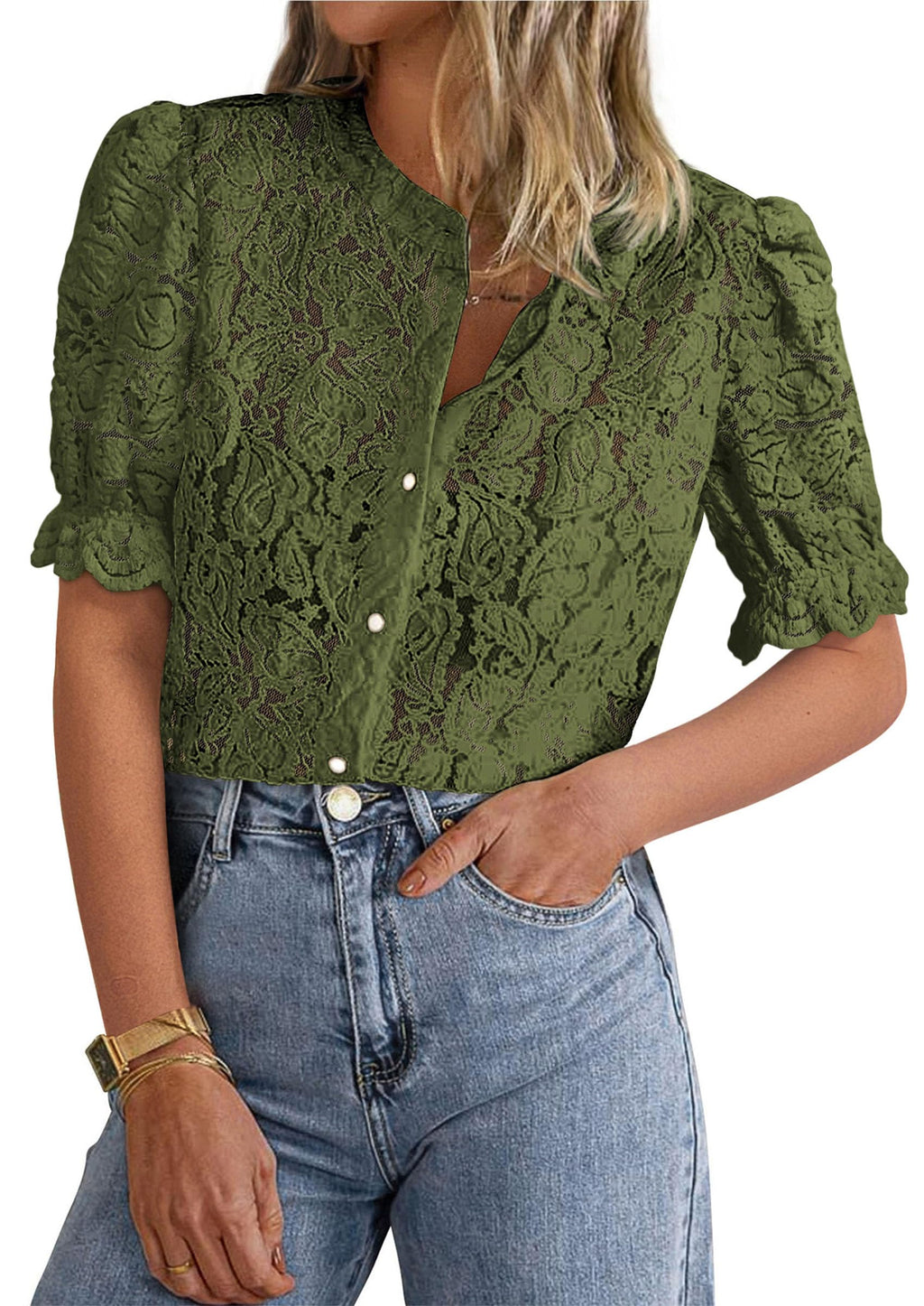 PRETTYGARDEN Womens Spring Lace Tops Short Puff Sleeve Casual Dressy Blouses Eyelet Crew Neck Button Down Shirts
