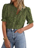 PRETTYGARDEN Womens Spring Lace Tops Short Puff Sleeve Casual Dressy Blouses Eyelet Crew Neck Button Down Shirts