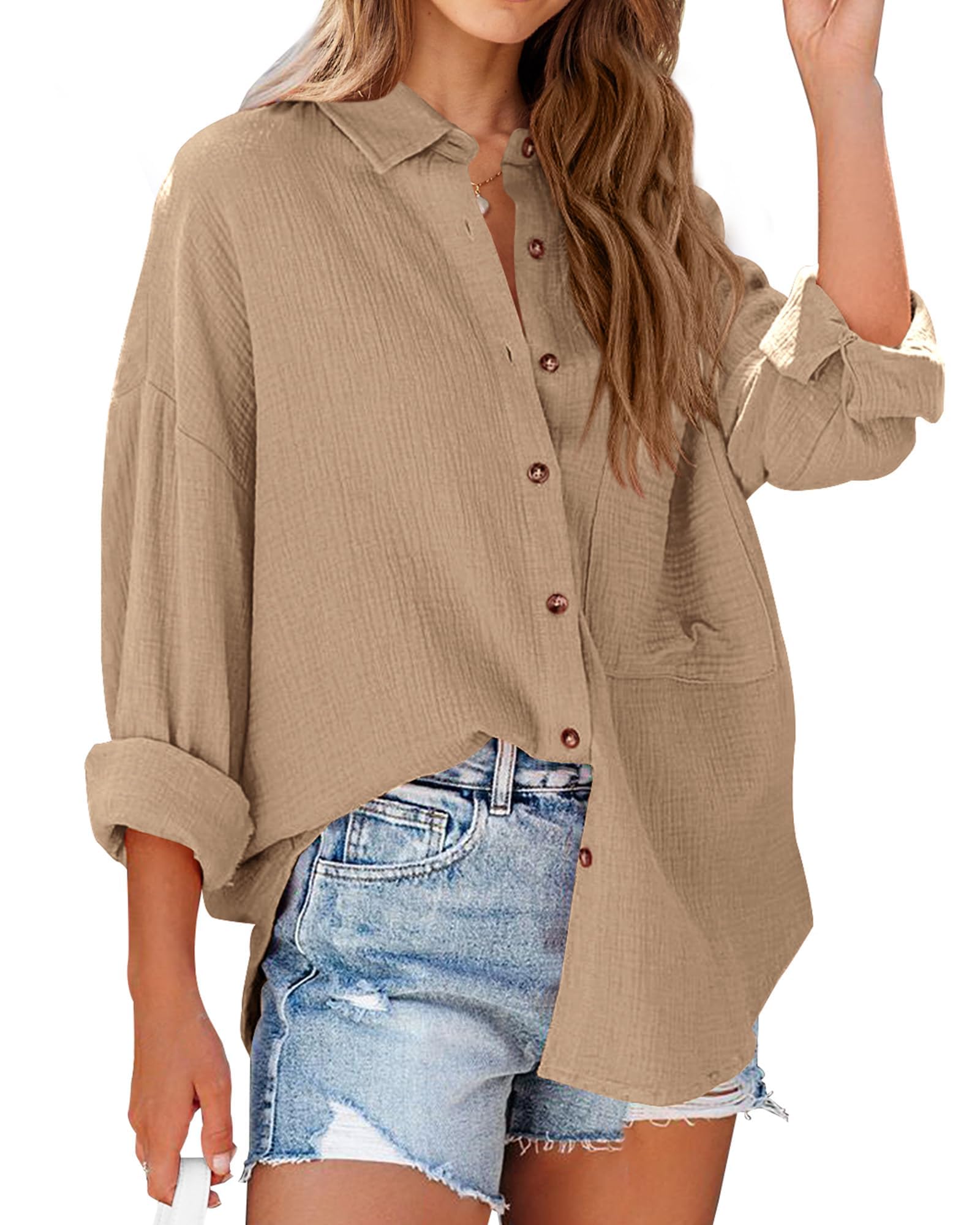 FreshPretty Casual Shirts for Women Long Sleeve Button Down Blouses Fall Solid Color Trendy Tops with Pocket