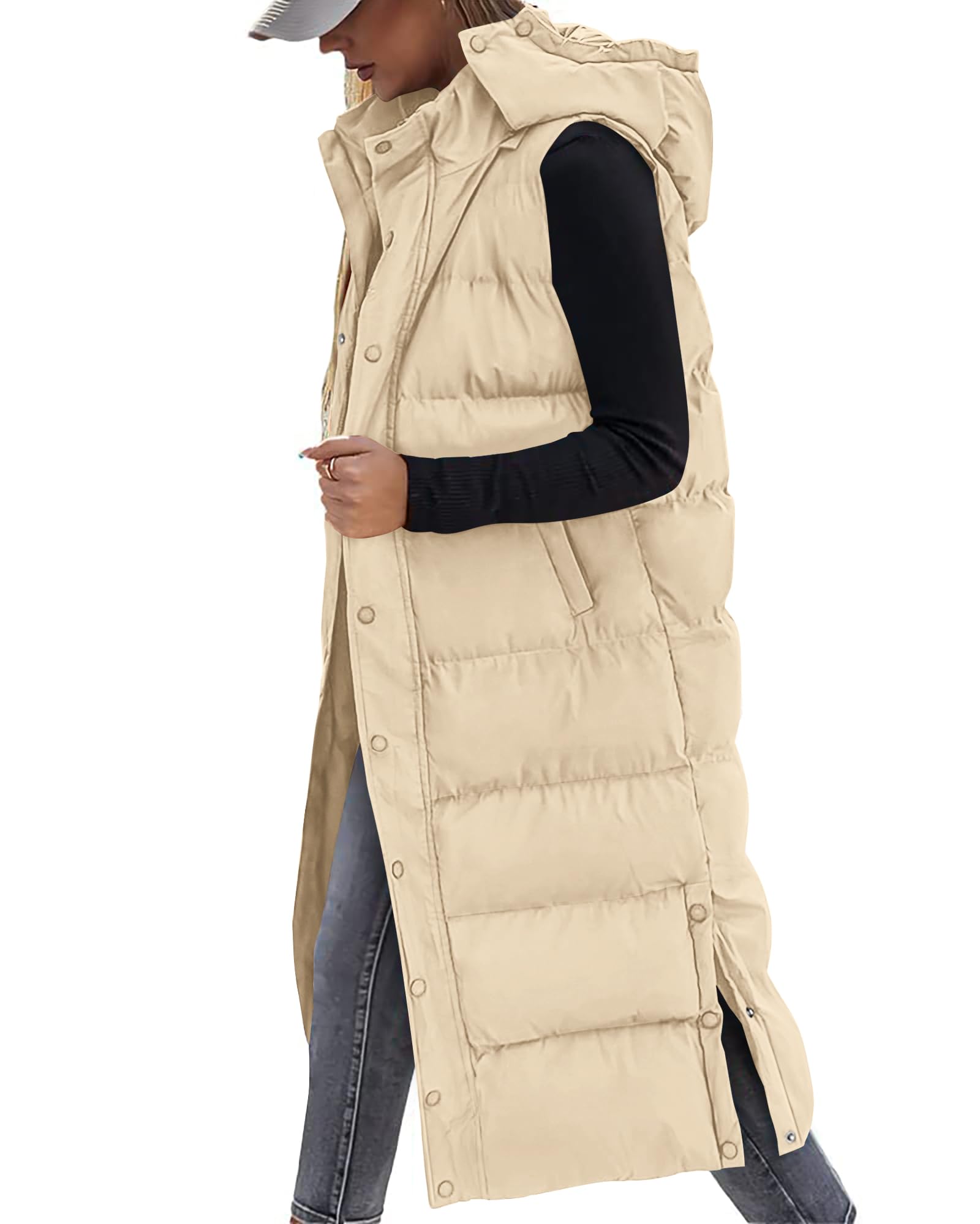 FreshPretty Long Puffer Vest Women Quilted Hooded Button Down Zip Up Sleeveless Vests Outerwear Padded Jacket Fall Winter Coat