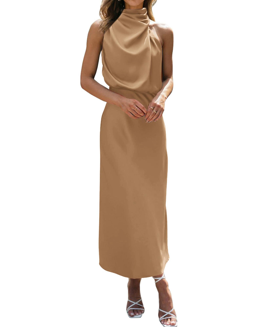 BTFBM Cocktail Dresses for Women Summer Satin Silk Sleeveless Mock Neck Maxi Wedding Guest Dress Spring Outfits