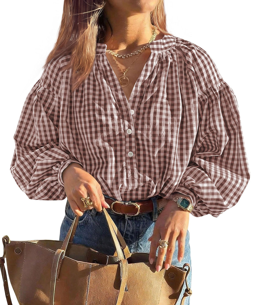PRETTYGARDEN Women Fall Plaid Long Puff Sleeve Shirts V Neck Casual Blouses Gingham Button Down Oversized, Pleated Drop Shoulder Cotton Tops, Dressy Casual, Work Vacation Travel, Fall Outfits Trendy