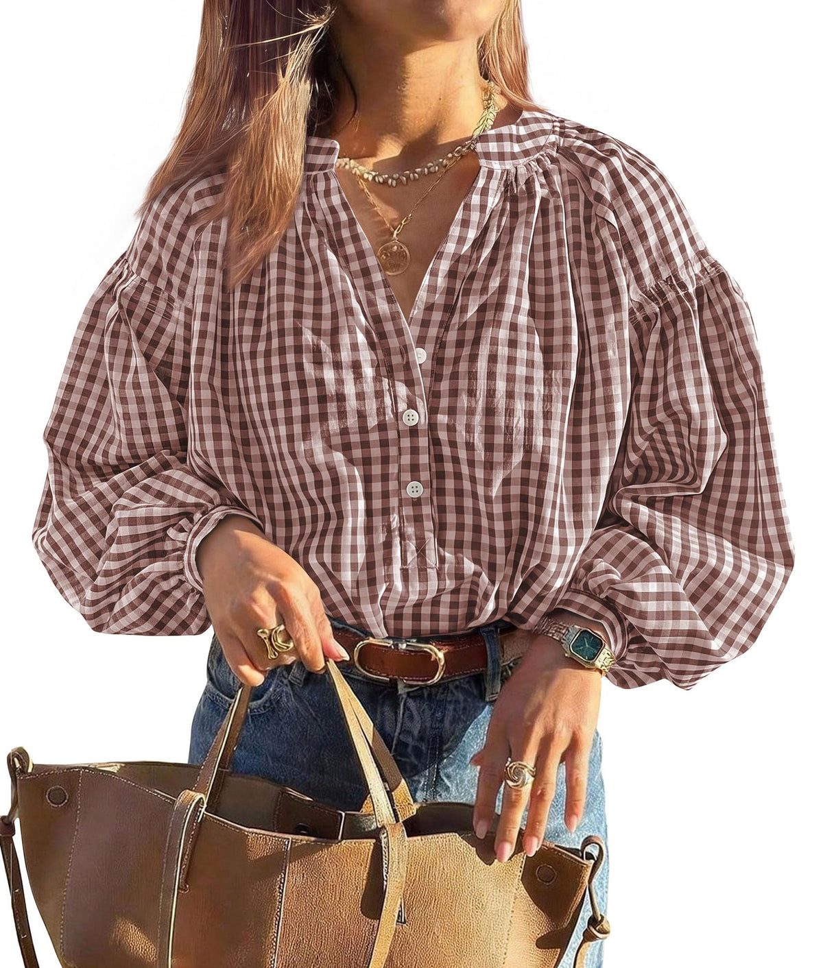 PRETTYGARDEN Women Fall Plaid Long Puff Sleeve Shirts V Neck Casual Blouses Gingham Button Down Oversized, Pleated Drop Shoulder Cotton Tops, Dressy Casual, Work Vacation Travel, Fall Outfits Trendy