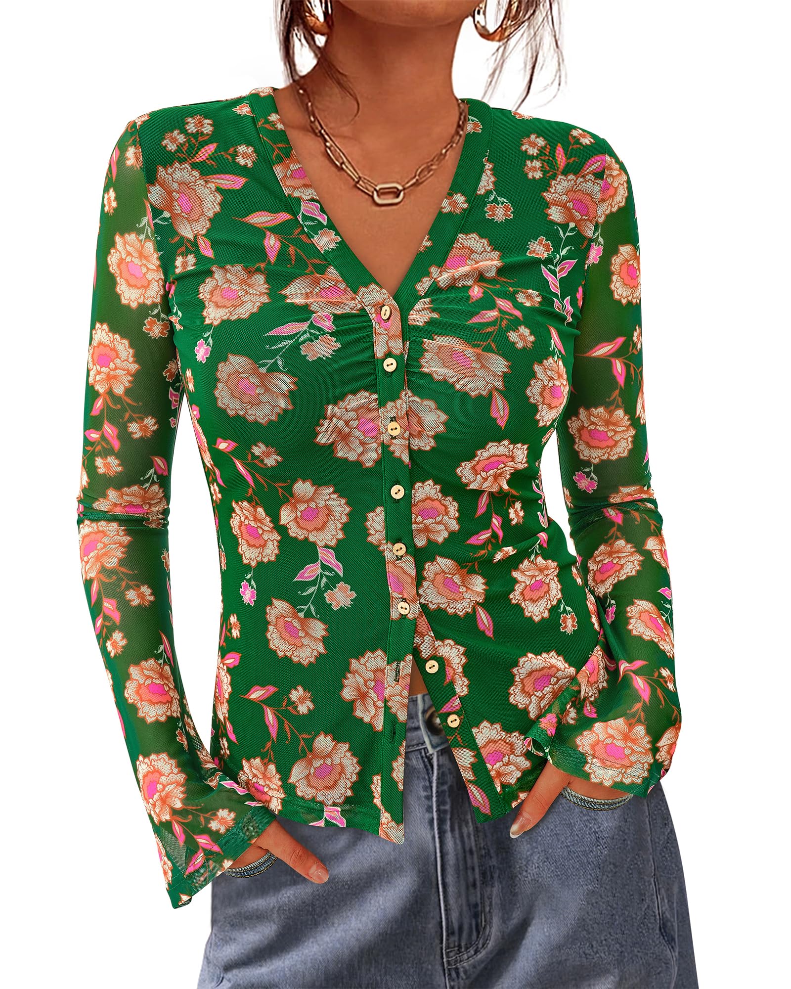 BTFBM Button Down Shirts for Women Spring Boho Tops V Neck Long Sleeve Blouses Ruched Mesh Fitted Fall Fashion