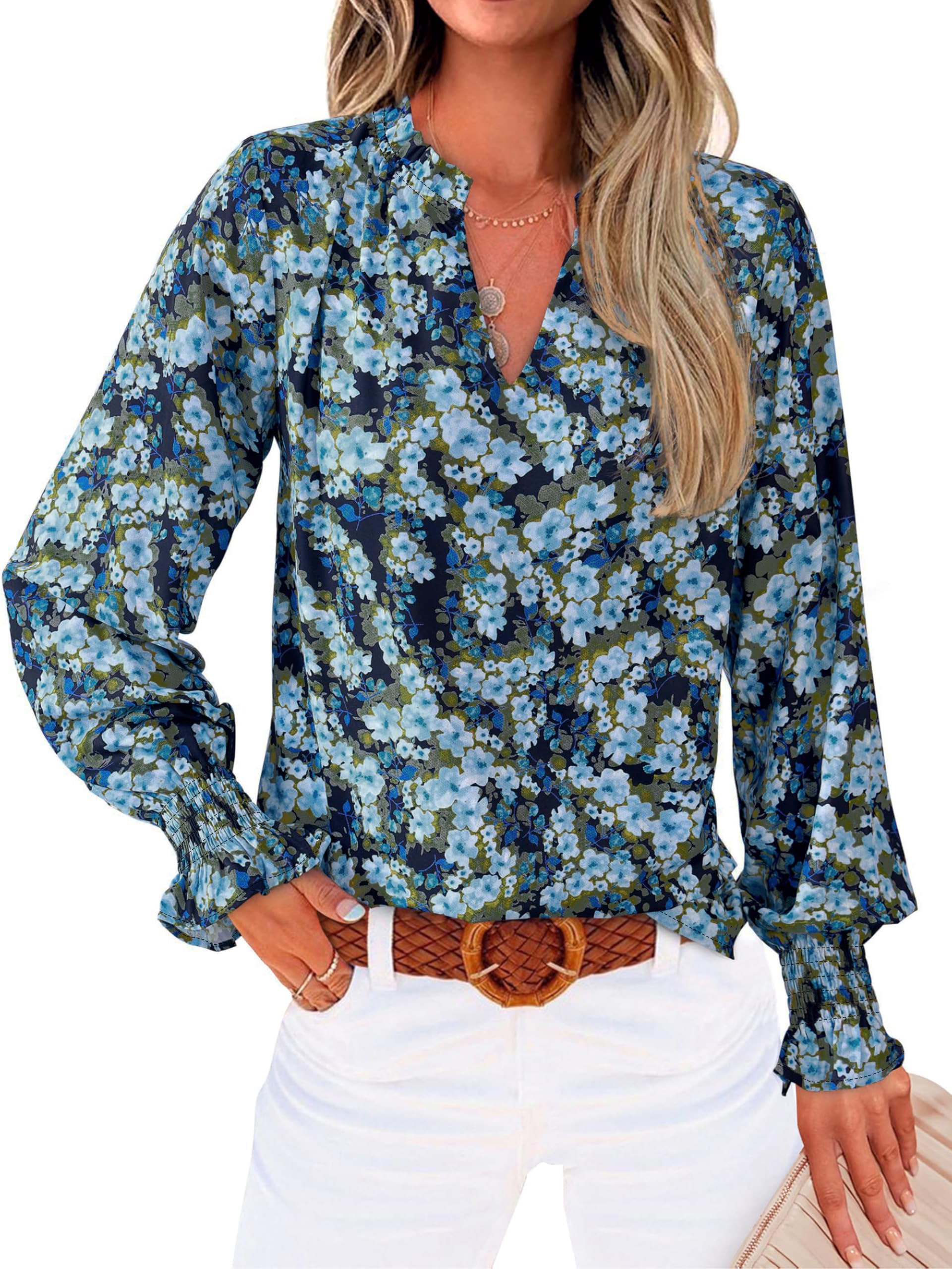 FreshPretty Womens V Neck Floral Long Sleeve Tops Summer Casual Loose Puff Sleeve Chiffon Boho Work Blouse Dressy T Shirts
