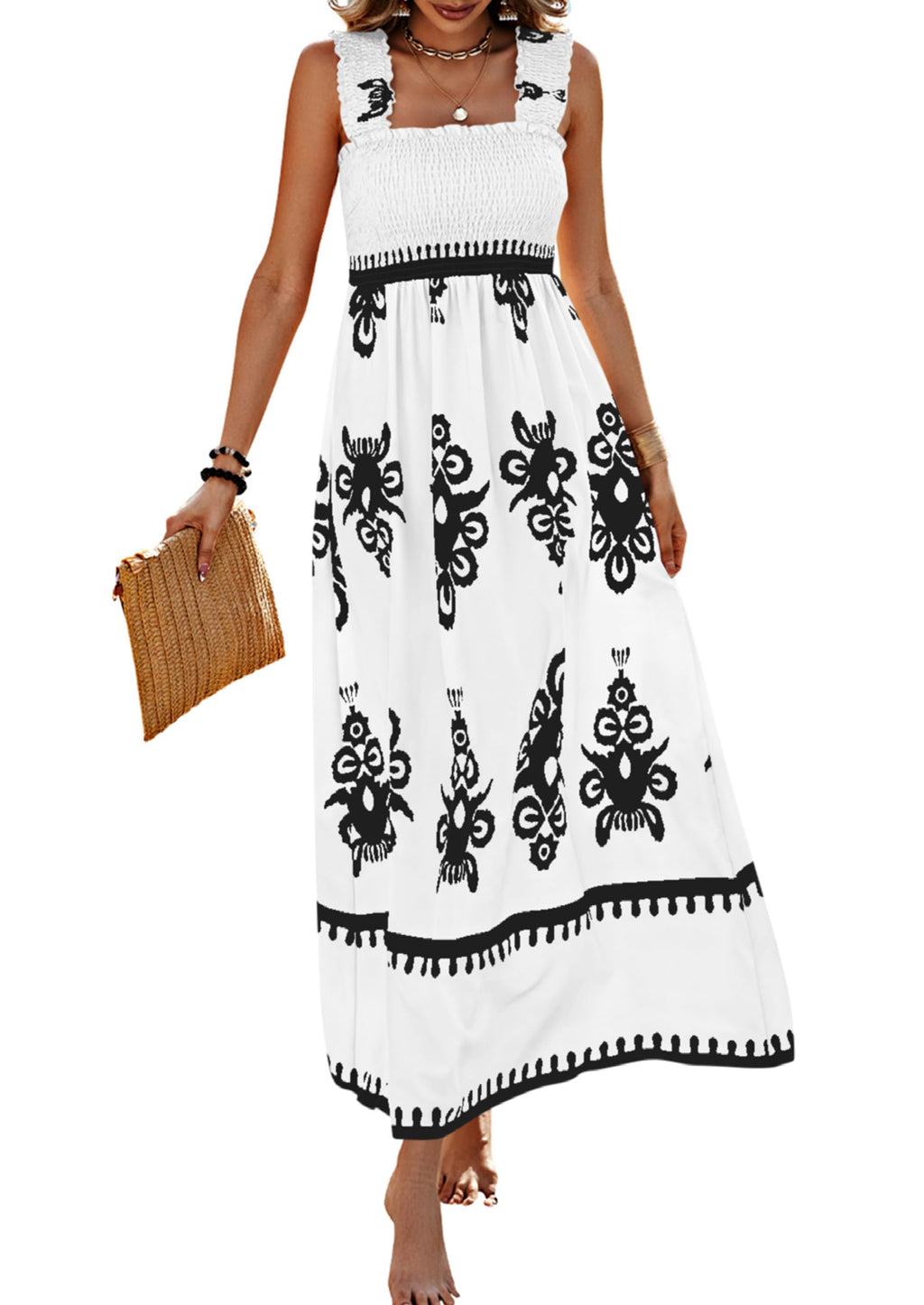 PRETTYGARDEN Womens Summer Boho Maxi Dress Casual Sleeveless Square Neck Floral Aline Smocked Beach Dresses with Pockets