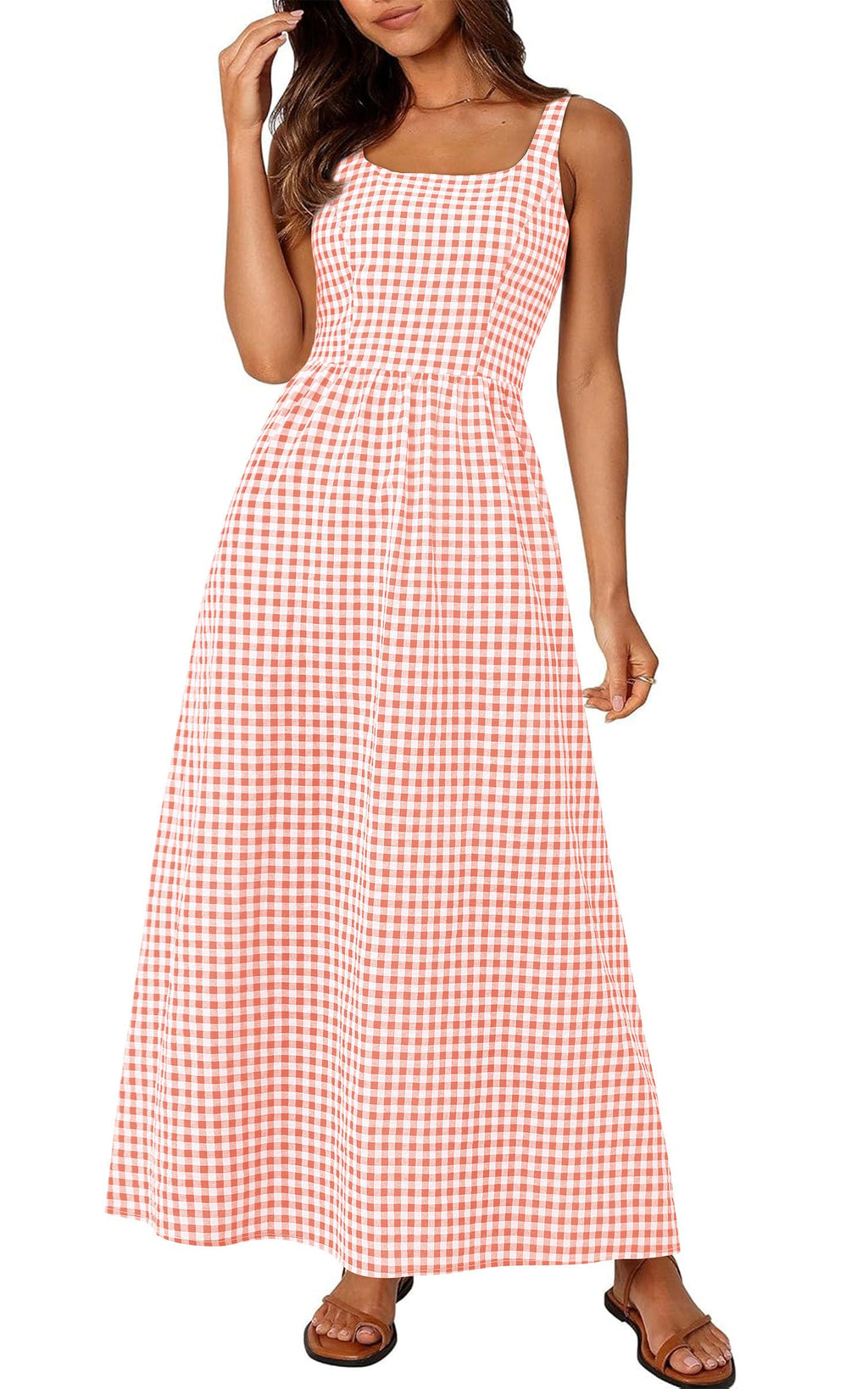 PRETTYGARDEN Women's Summer Spaghetti Strap Maxi Dresses Plaid Square Neck A Line Casual Beach Vacation Long Sundress