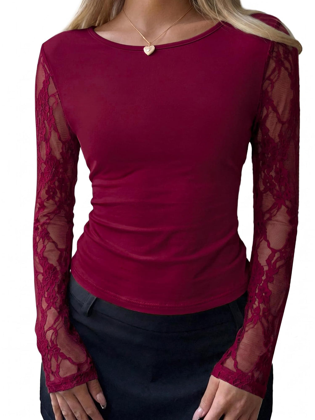 BTFBM Fall Tops for Women Sheer Lace Long Sleeve Top Slim Fit Blouses Crew Neck, Lightweight Basic Tees, See Through Layering Top, Sexy Fashion Clothing, Party Club Date Night Going Out Outfits