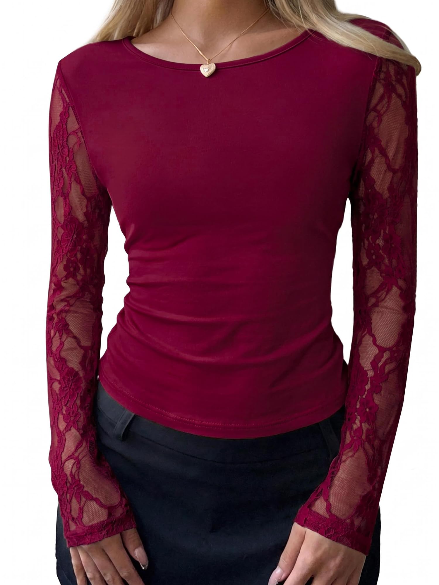 BTFBM Fall Tops for Women Sheer Lace Long Sleeve Top Slim Fit Blouses Crew Neck, Lightweight Basic Tees, See Through Layering Top, Sexy Fashion Clothing, Party Club Date Night Going Out Outfits