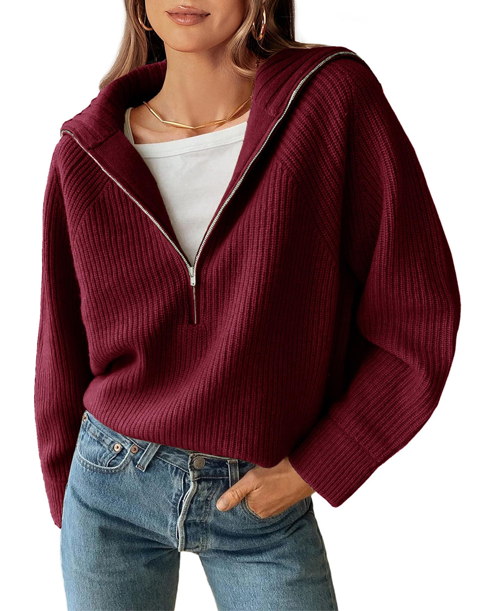 BTFBM Womens Sweaters Quarter Zip Pullover V Neck Collar Long Sleeve Ribbed Knit Loose Casual Winter Fall Sweater