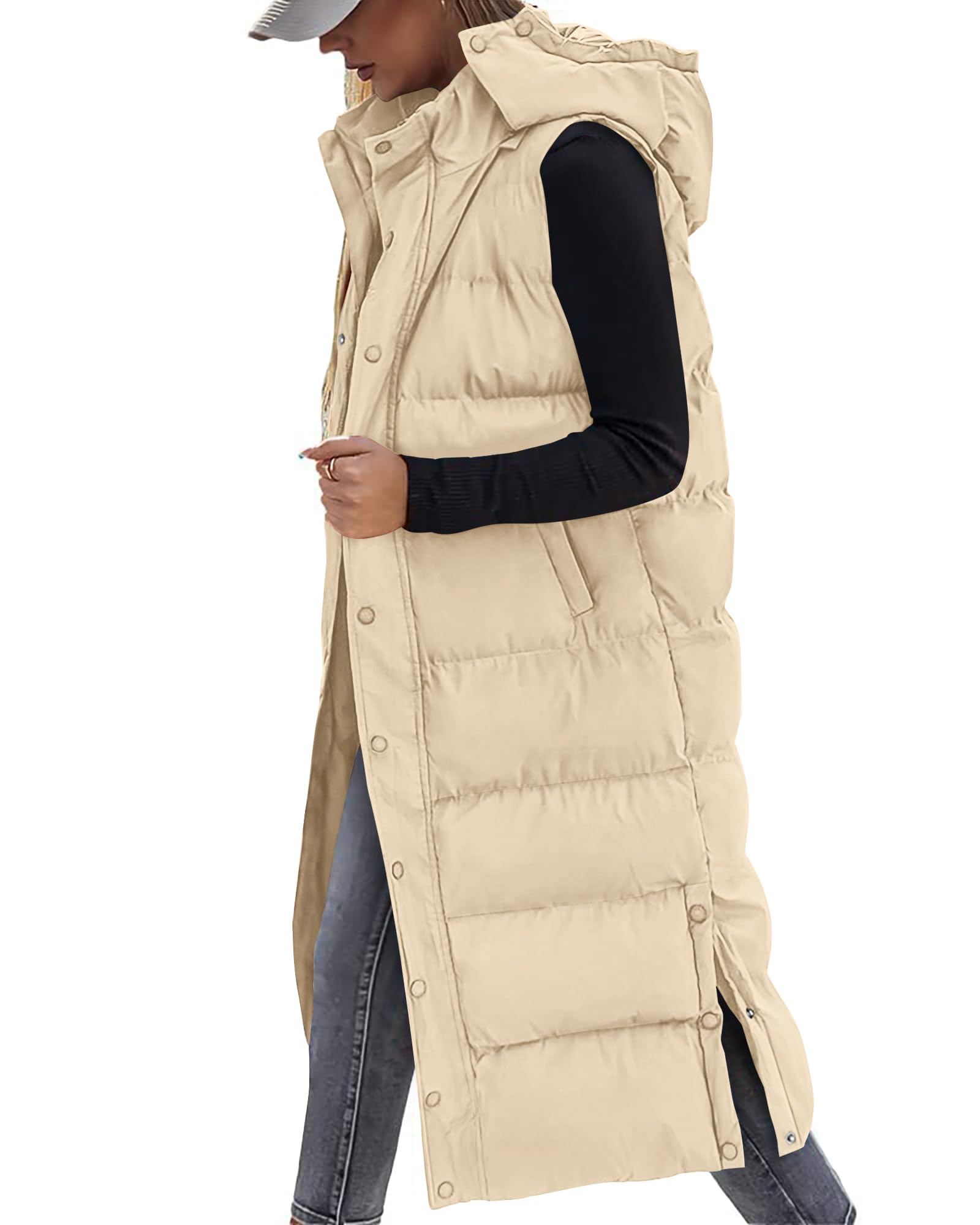 BTFBM Long Puffer Vest Women Quilted Hooded Button Down Zip Up Sleeveless Vests Outerwear Padded Jacket Fall Winter Coat