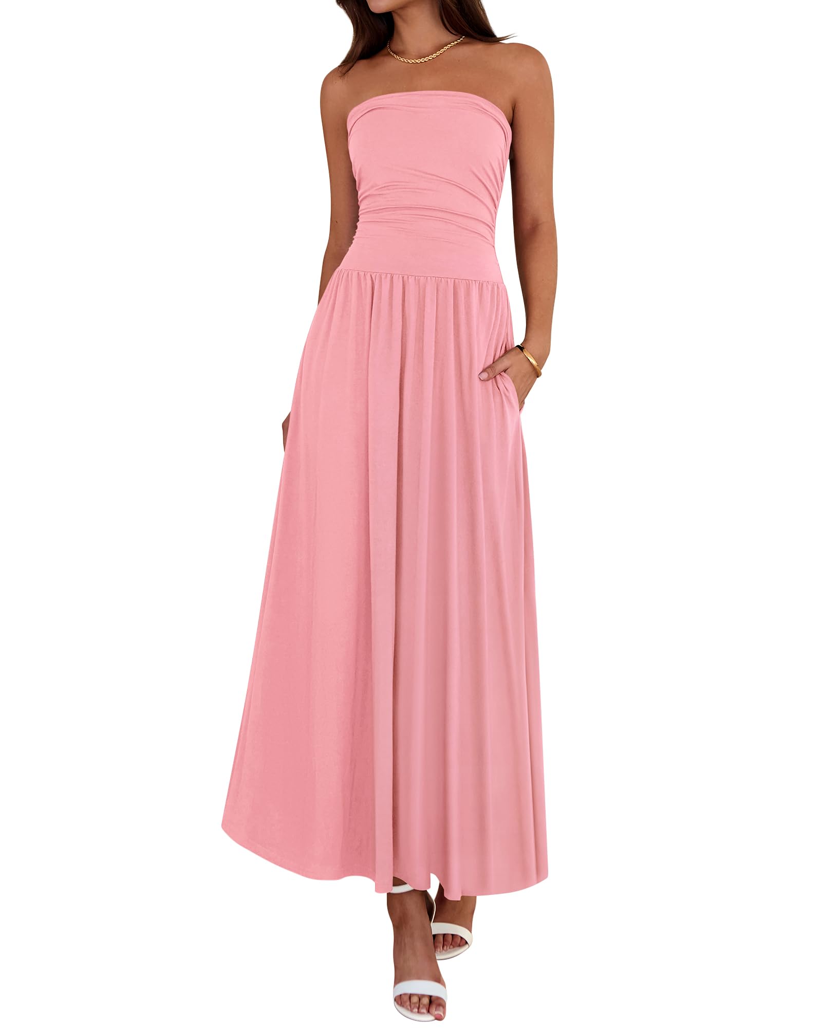 BTFBM Summer Maxi Dresses for Women Strapless Ruched Tube Top Beach Vacation Spring Wedding Guest Dress Pockets