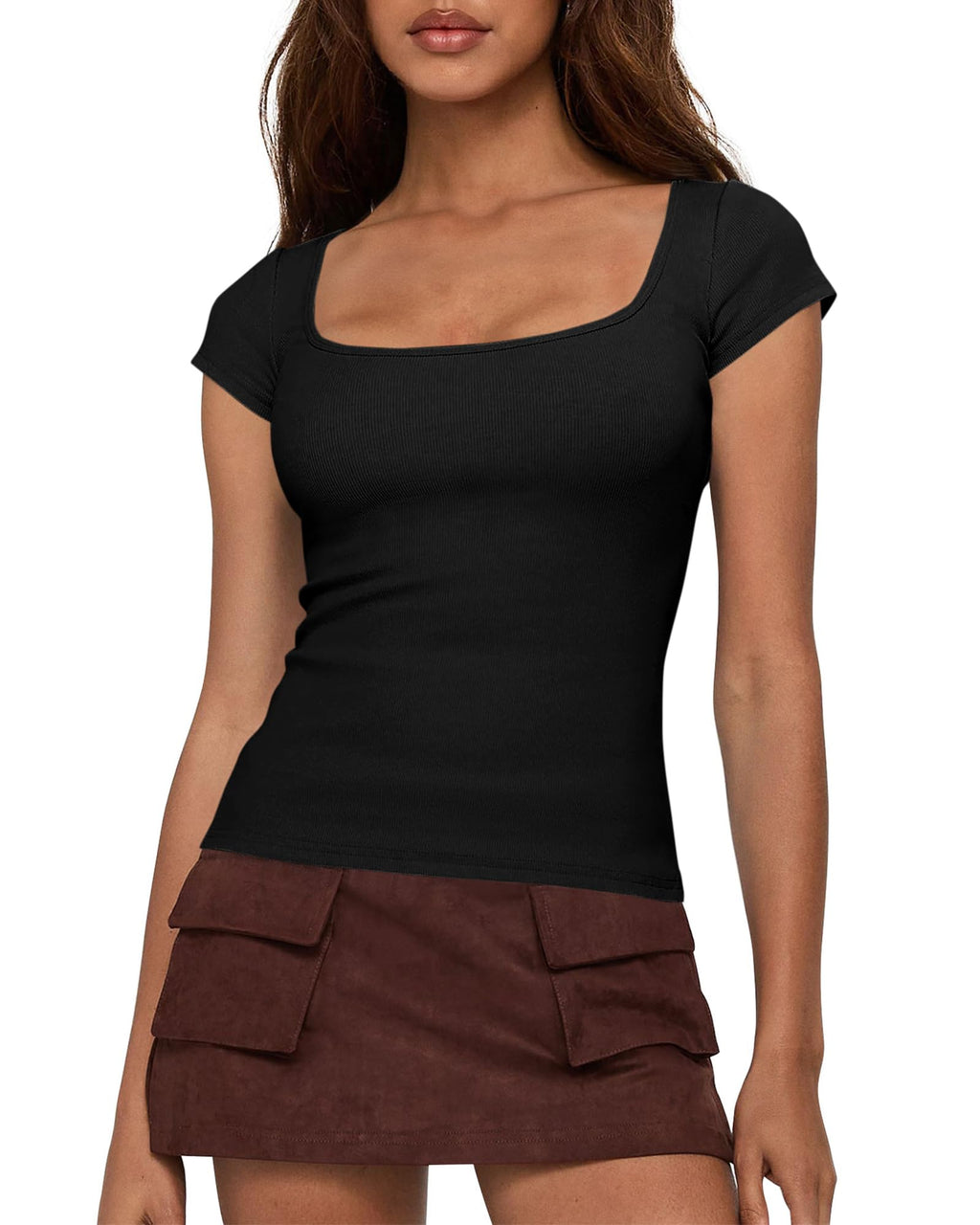FreshPretty T Shirts for Women Square Neck Tops Spring Trendy Fashion Going Out Workout Y2k Clothes Summer Outfits