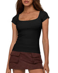 FreshPretty T Shirts for Women Square Neck Tops Spring Trendy Fashion Going Out Workout Y2k Clothes Summer Outfits