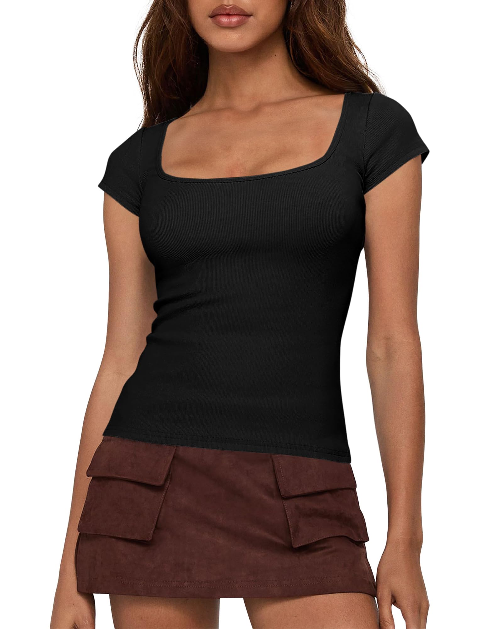 FreshPretty T Shirts for Women Square Neck Tops Spring Trendy Fashion Going Out Workout Y2k Clothes Summer Outfits