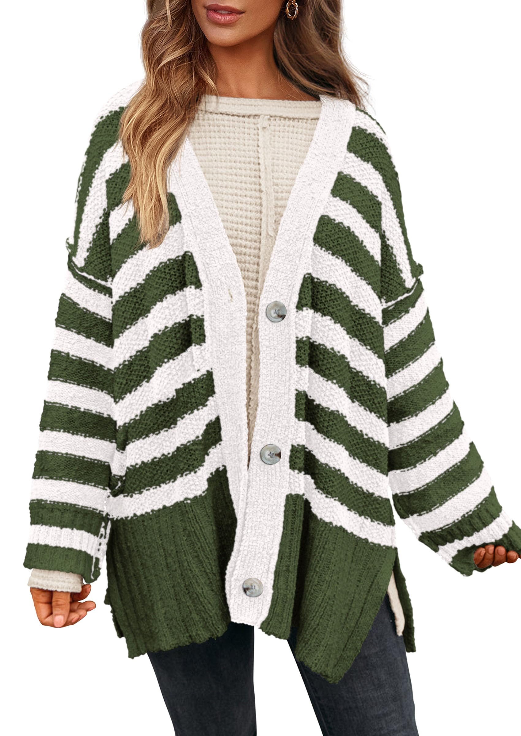 PRETTYGARDEN Women's Winter Striped Cardigan Sweaters Long Sleeve Button Down Open Front Chunky Knit Oversized Sweater Coat