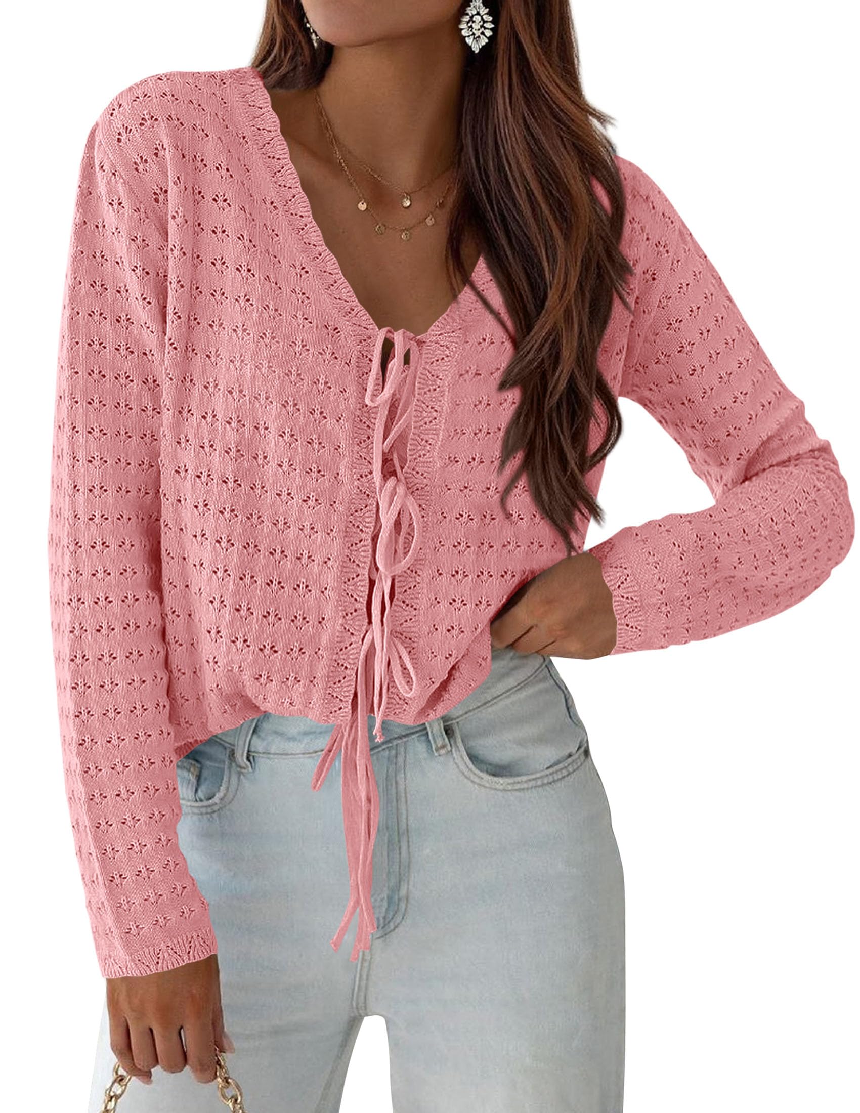 PRETTYGARDEN Crochet Cardigan Sweaters for Women Trendy Spring Summer Long Sleeve Tie Front Tops Boho Beach Vacation Clothes