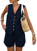 PRETTYGARDEN Women's Summer 2 Piece Outfits Sleeveless Matching Sets Button Down V Neck Vest Waistcoat and Pockets Shorts
