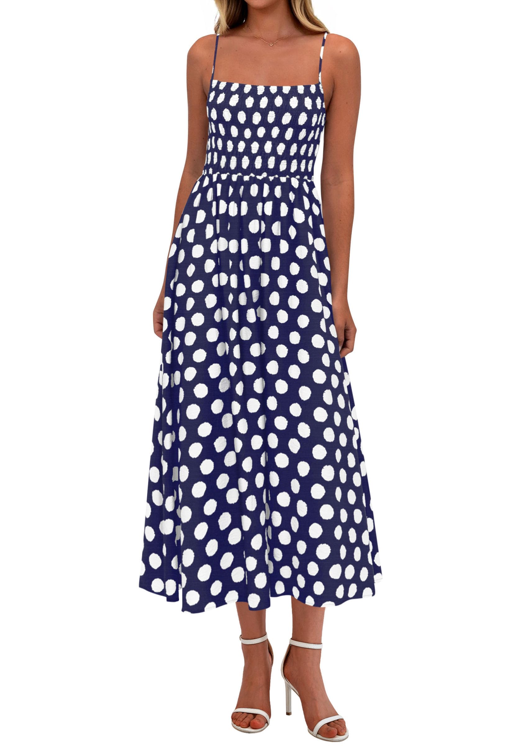 PRETTYGARDEN Womens Polka Dot Dress Summer Sleeveless Spaghetti Straps Smocked Sun Dress Flowy Spring Beach Midi Dresses