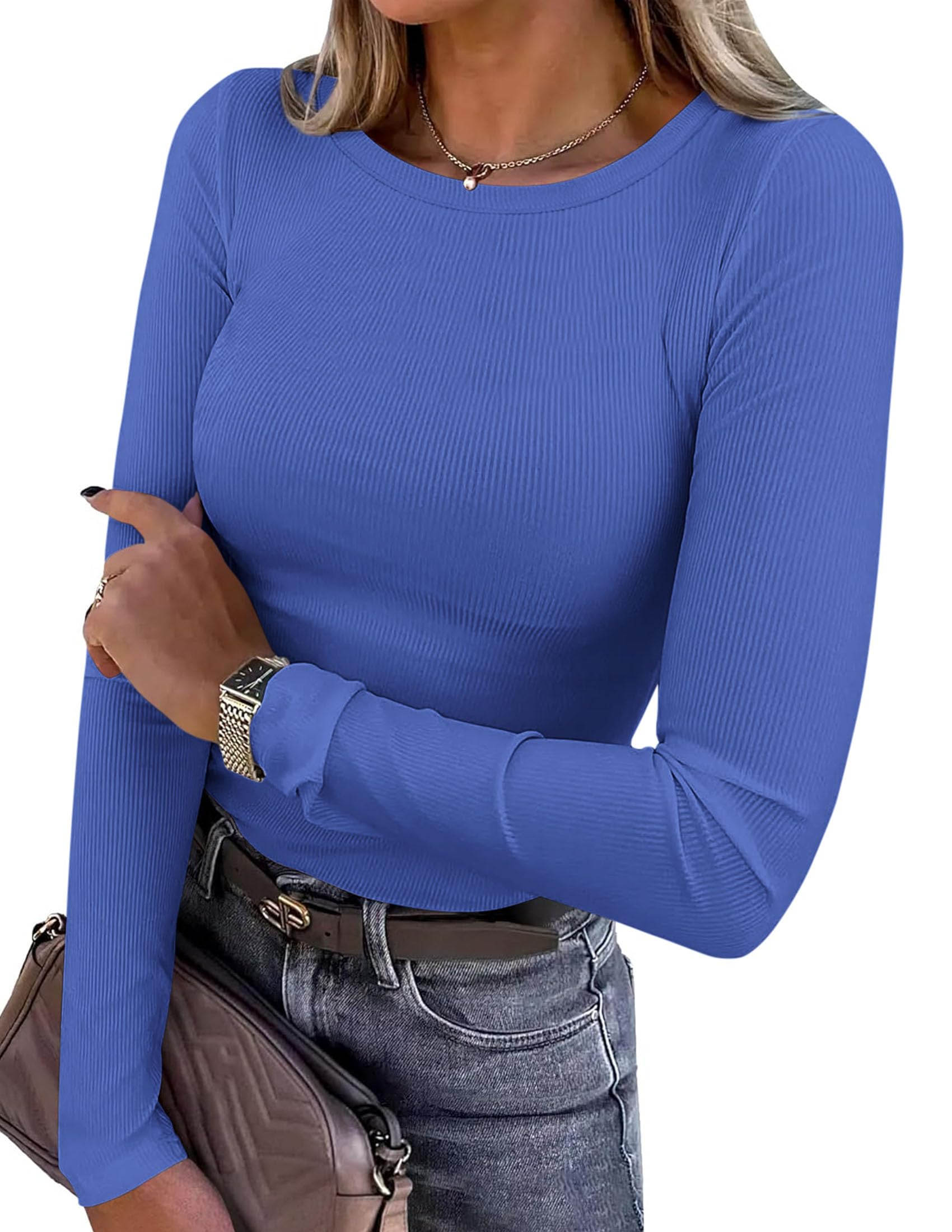 PRETTYGARDEN Women Fall Clothes Long Sleeve Shirts Ribbed Knit Fitted Basic Tee Going Out Tops Underscrub Casual Outfits