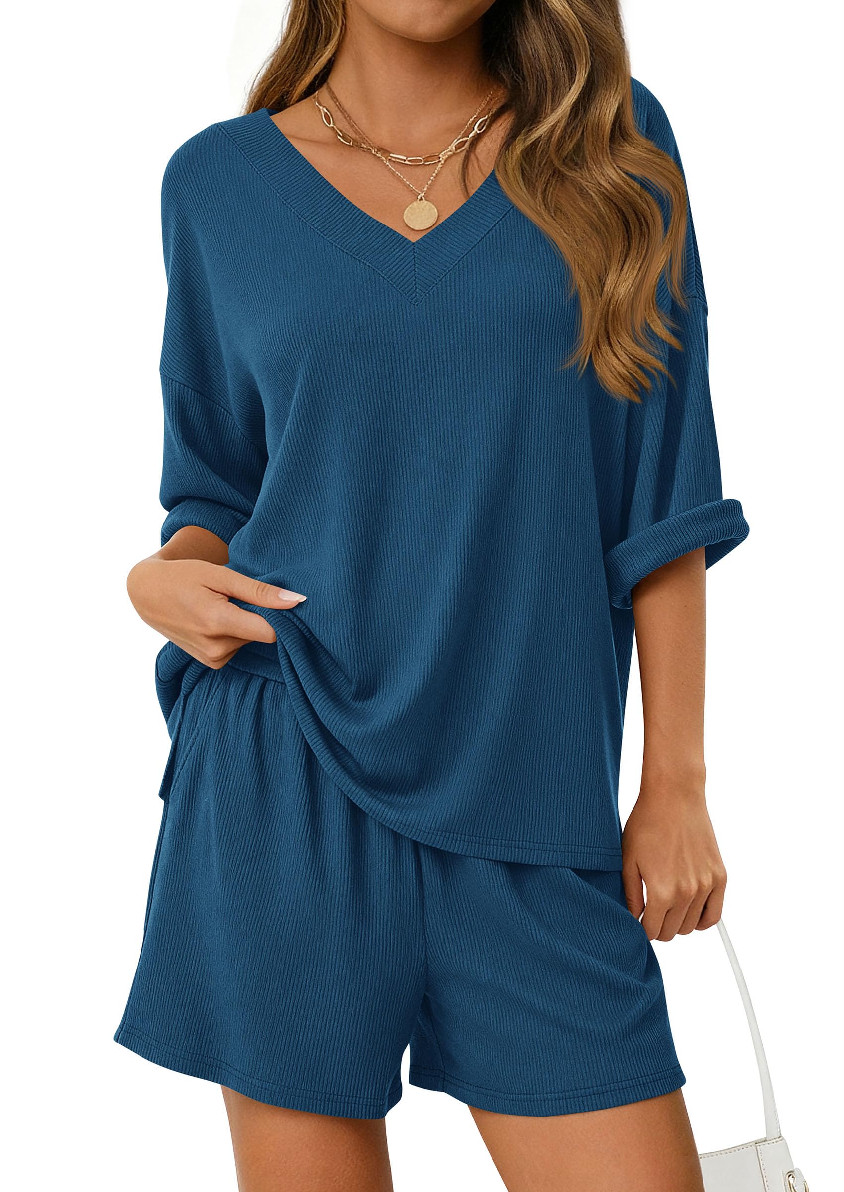 PRETTYGARDEN Womens 2 Piece Sets Summer Oversized Vneck Half Sleeve Tops Shorts Lounge Set Casual Travel Airport Outfits