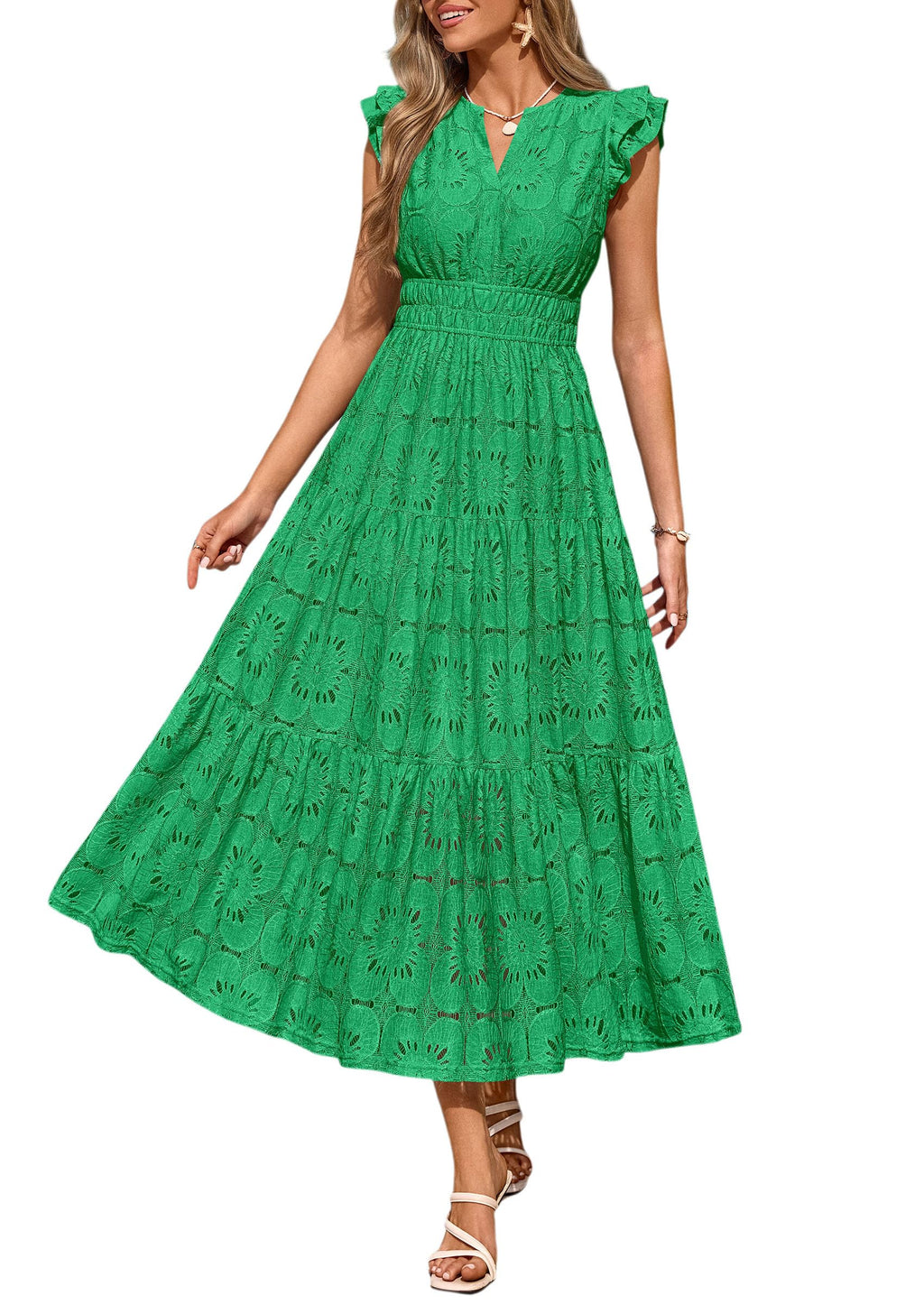PRETTYGARDEN Womens Boho Maxi Dresses Summer Floral Lace Eyelet V Neck Spring Wedding Guest Dress Beach Vacation Clothes