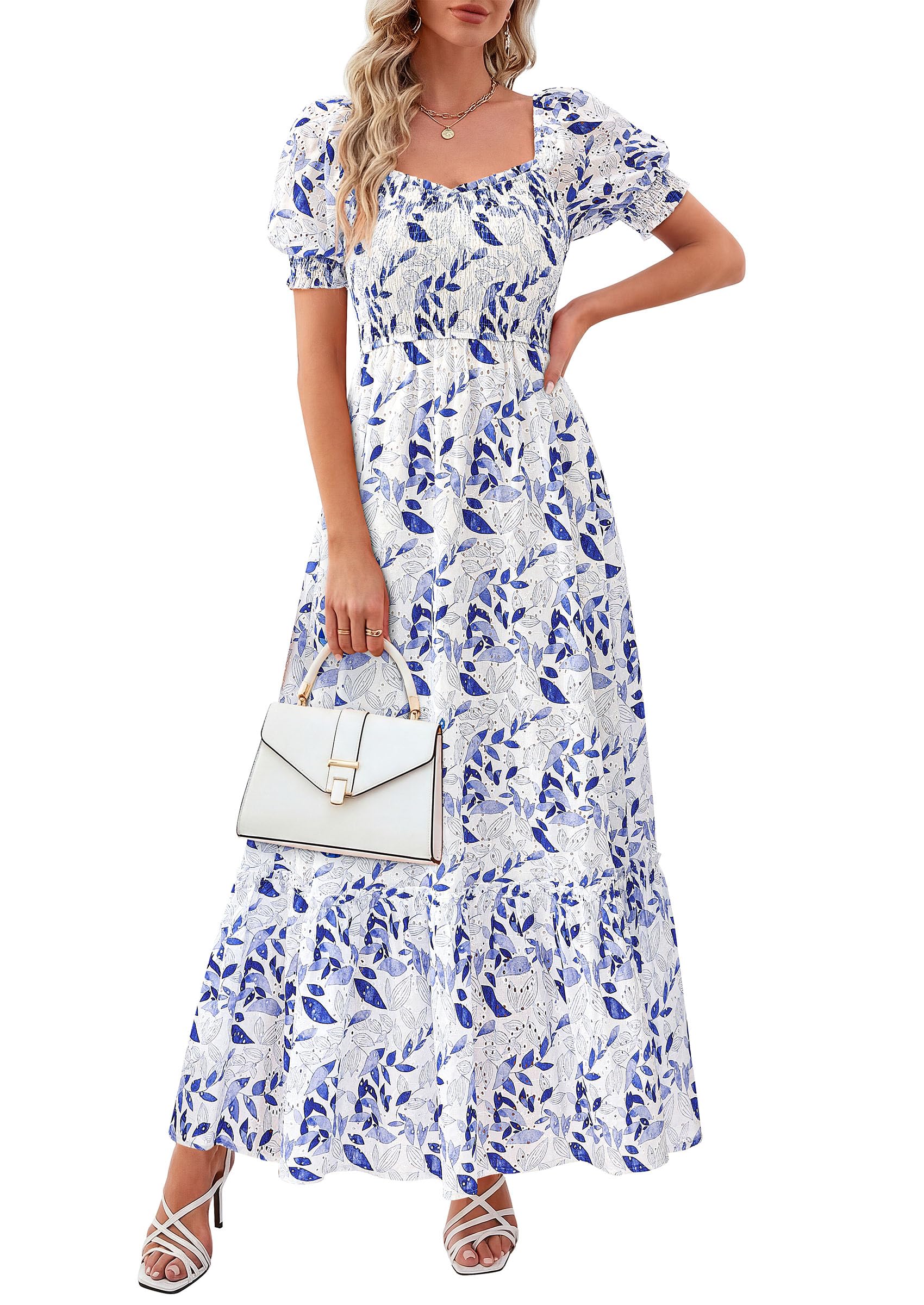 PRETTYGARDEN Women's Floral Boho Maxi Dresses Flowy Short Sleeve A Line Smocked Eyelet Summer Beach Vacation Clothes