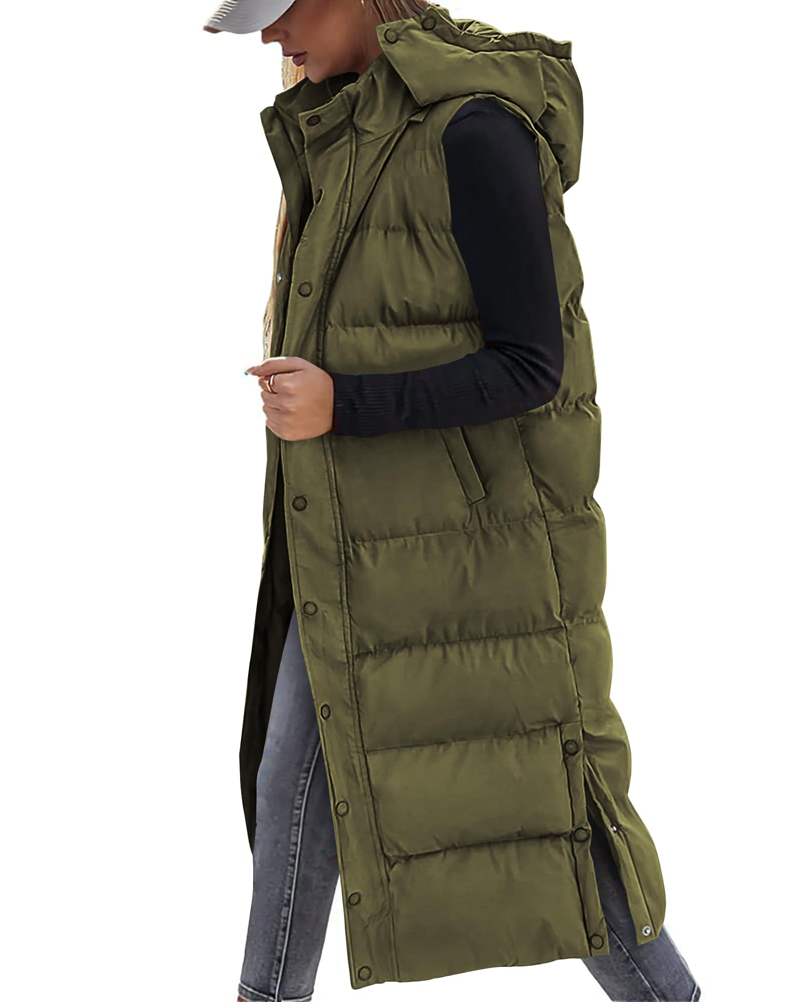 FreshPretty Long Puffer Vest Women Quilted Hooded Button Down Zip Up Sleeveless Vests Outerwear Padded Jacket Fall Winter Coat