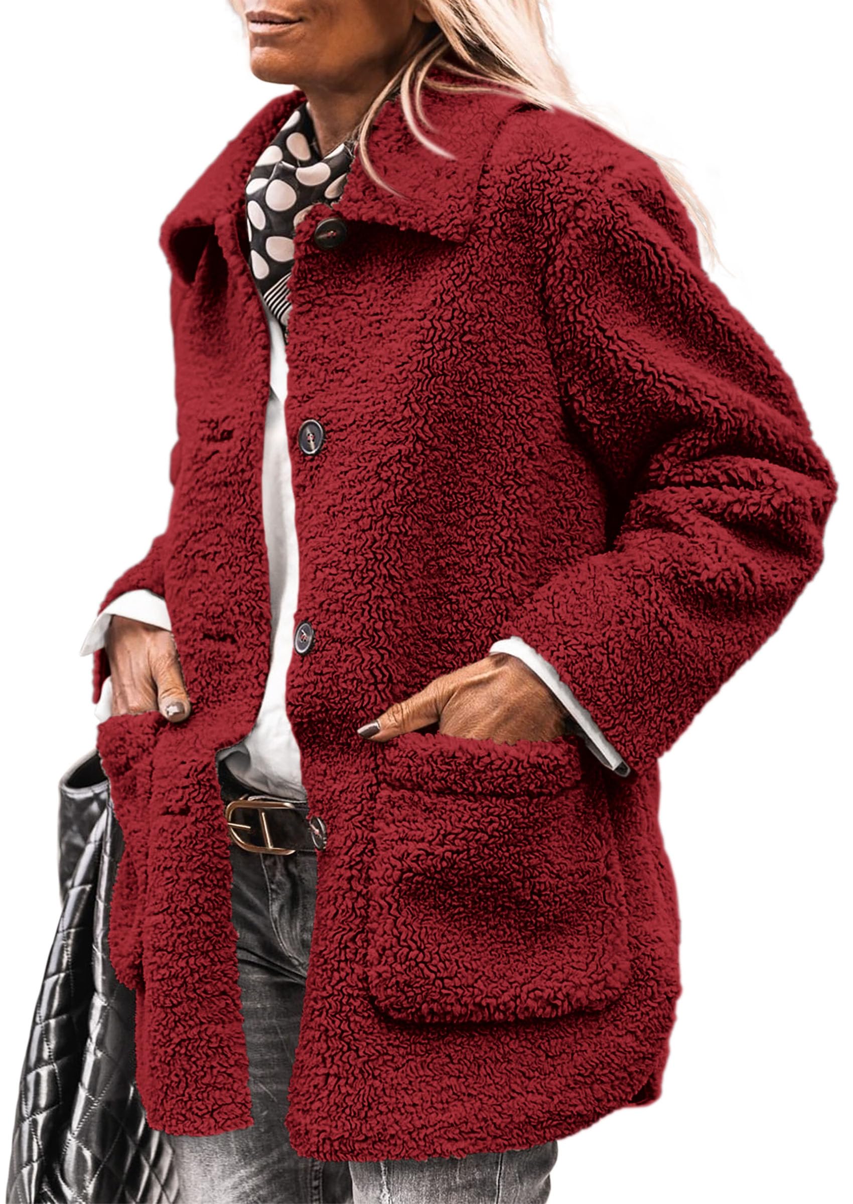 PRETTYGARDEN Women's Winter Faux Fur Coats Long Sleeve Lapel Button Down Pockets Fleece Sherpa Jacket Casual Trendy Outerwear
