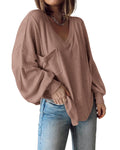 FreshPretty Womens Fall Fashion Long Sleeve Shirts Casual V Neck Ribbed Knit Blouses Pullover Trendy Loose Fit Tunic Tops